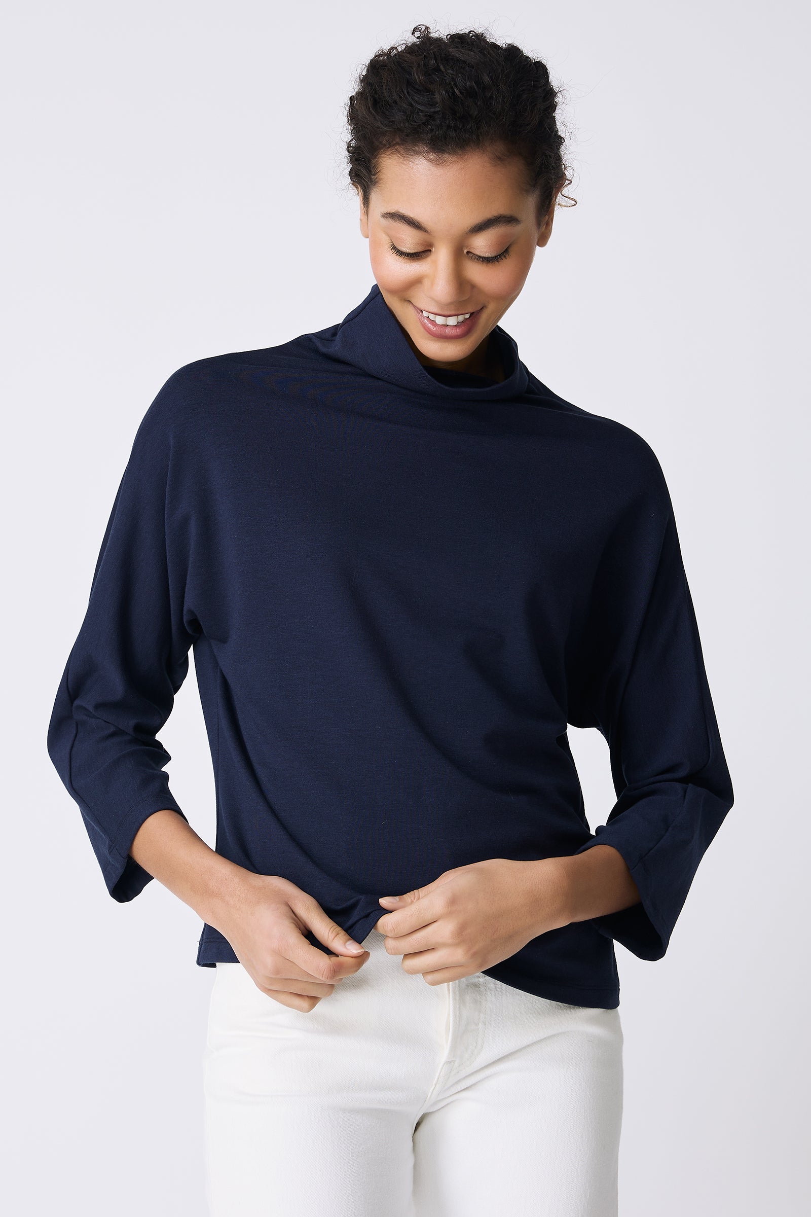 Kal Rieman Brigitte Mock Funnel in Navy on model looking down front view