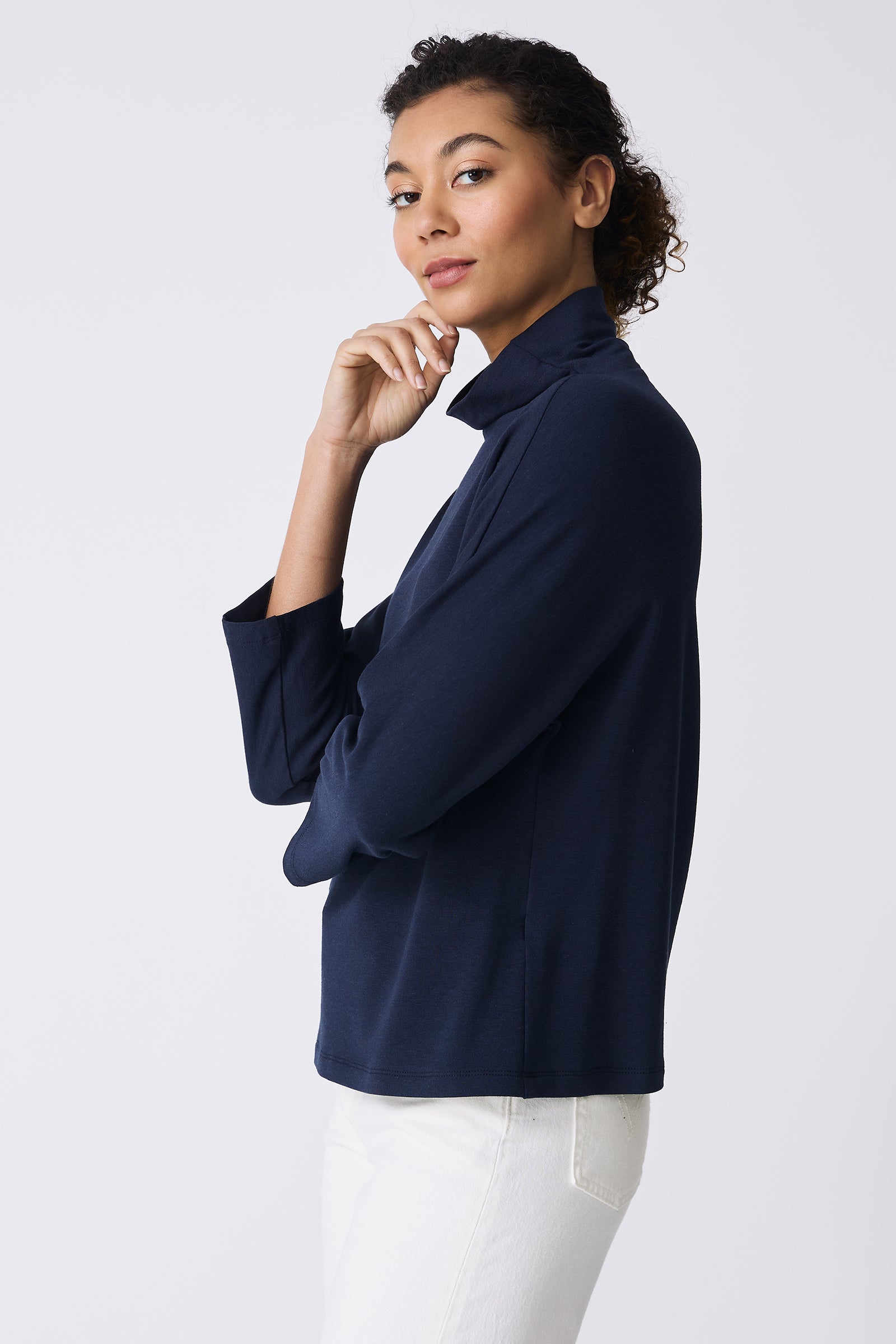 Kal Rieman Brigitte Mock Funnel in Navy on model side view