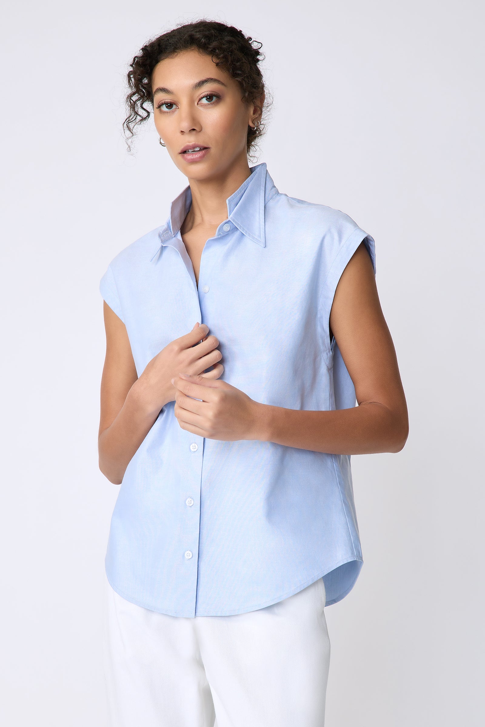 Kal Rieman Candice Cap Sleeve Double Collar Shirt in oxford blue on model front view detail