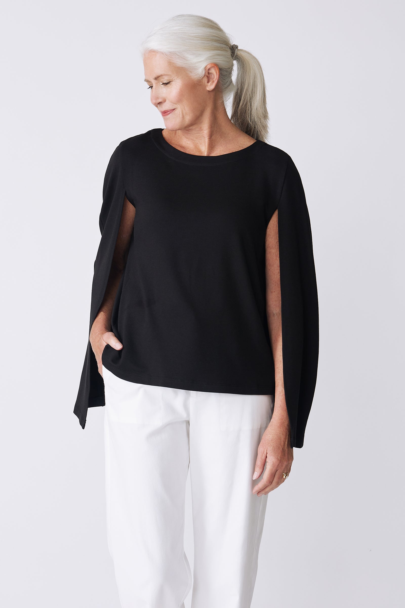 Kal Rieman Cape Sweatshirt in Black on Model Front View