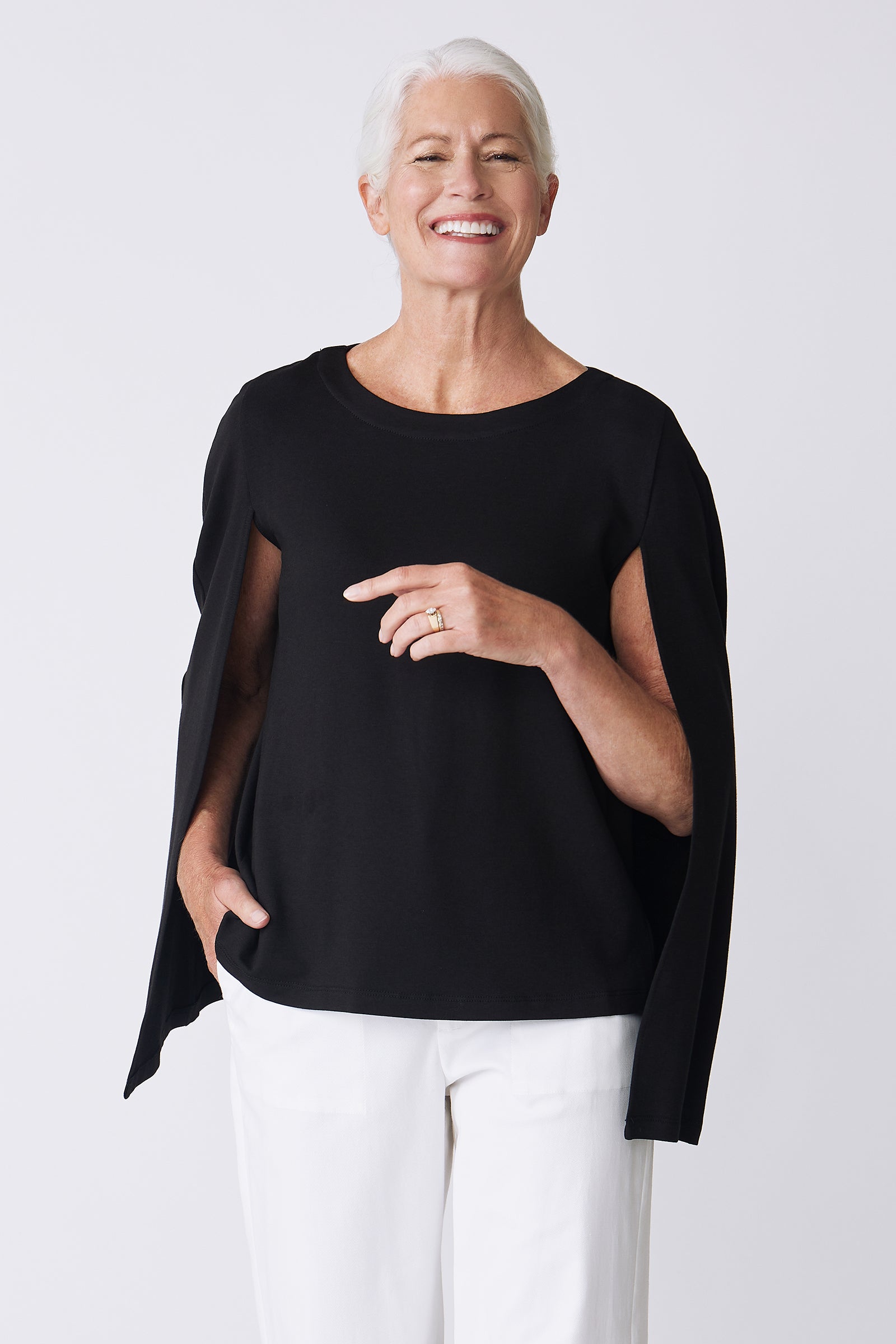 Kal Rieman Cape Sweatshirt in Black on Model Front View