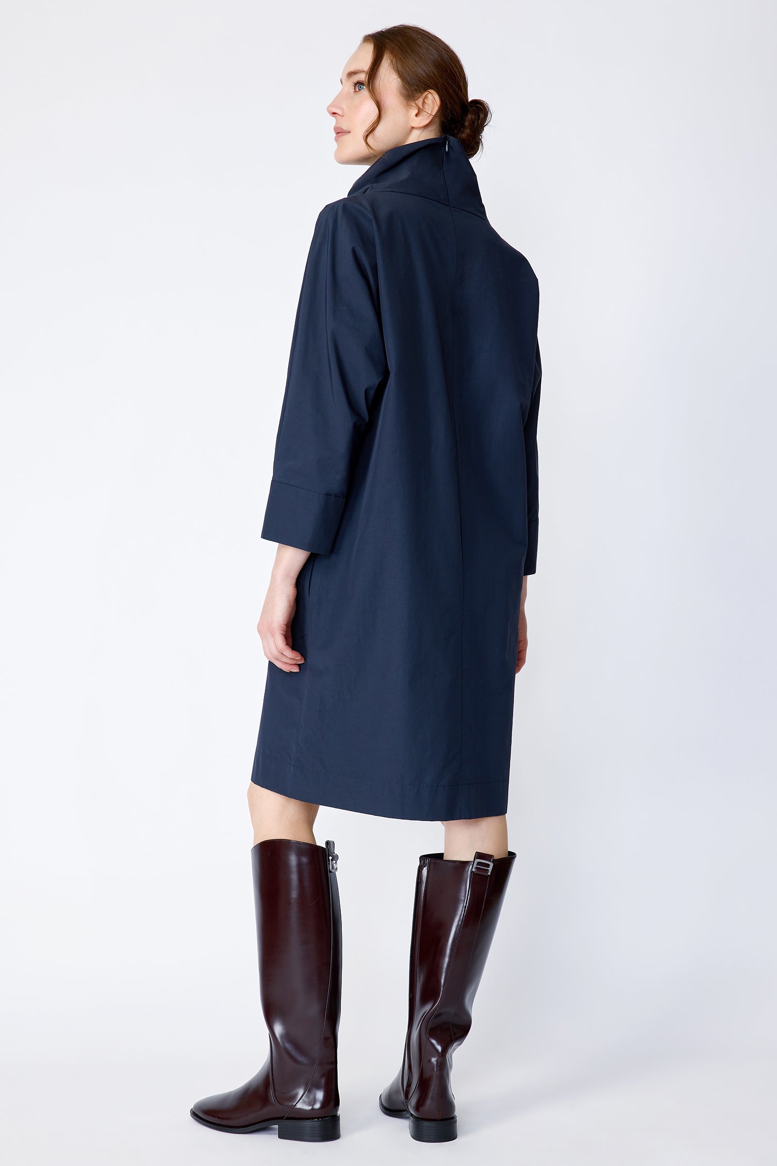 Kal Rieman Carla dress in navy Italian broadcloth on model back view