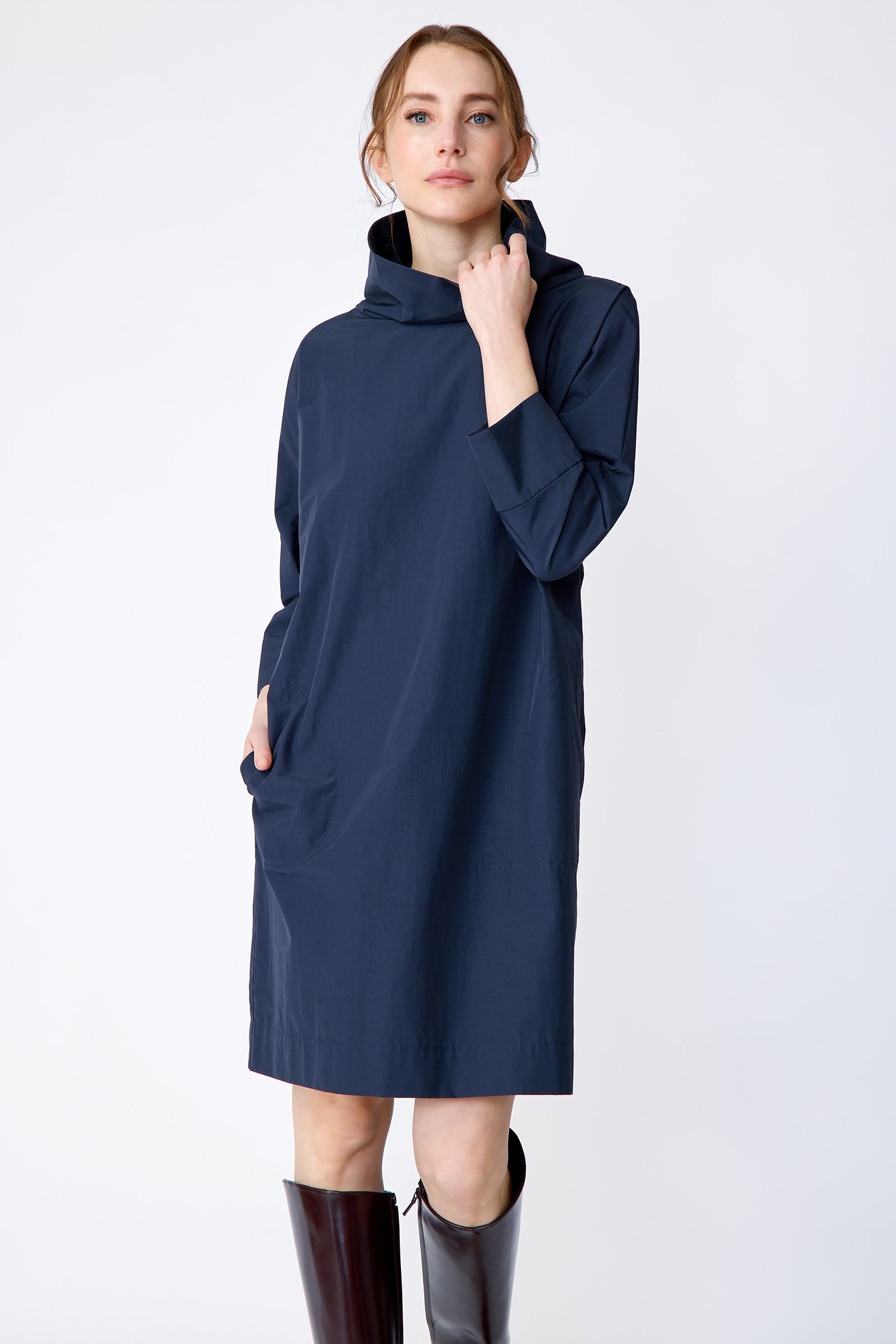 Kal Rieman Carla dress in navy Italian broadcloth on model front view detail