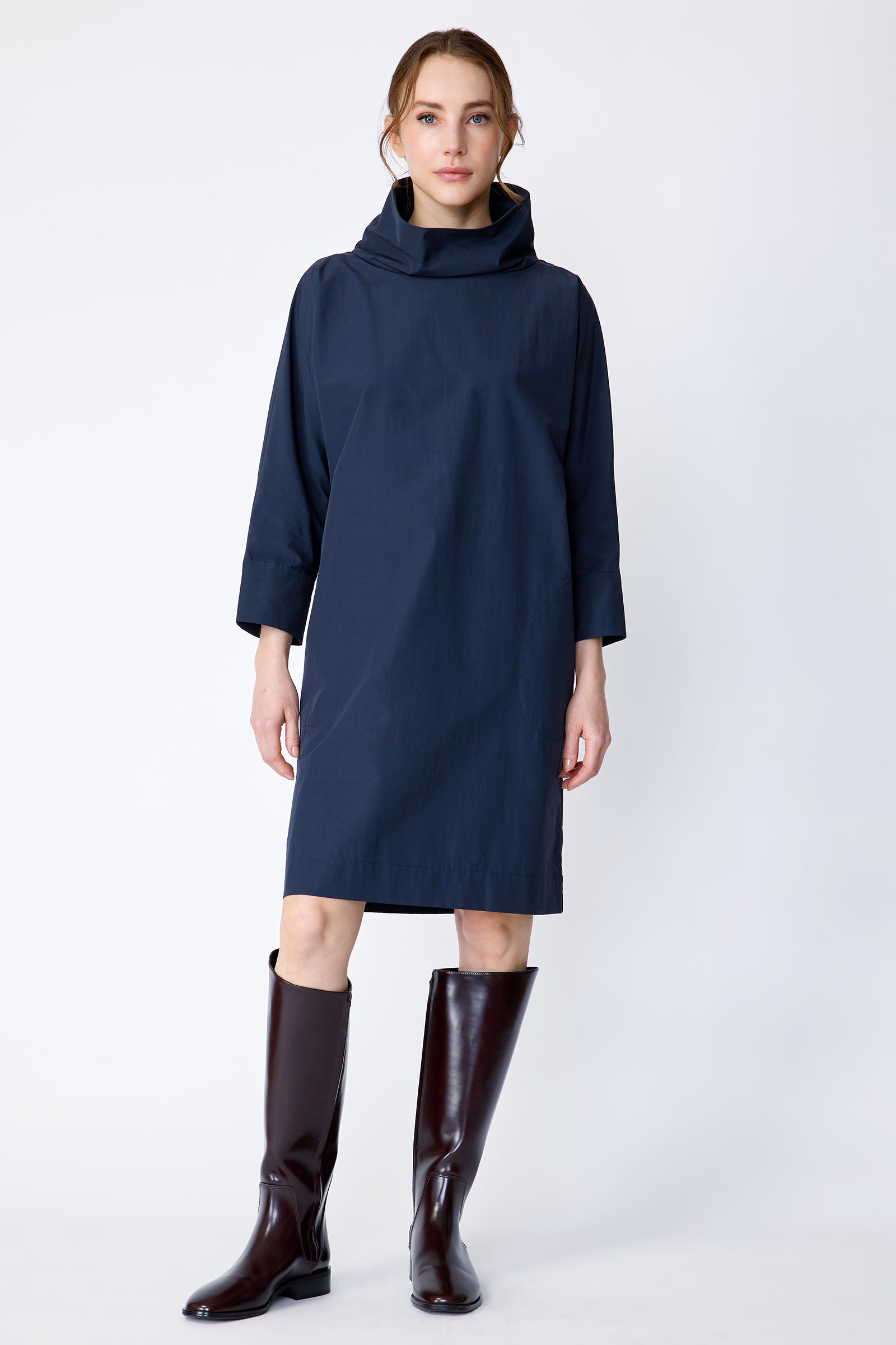 Kal Rieman Carla dress in navy Italian broadcloth on model front view