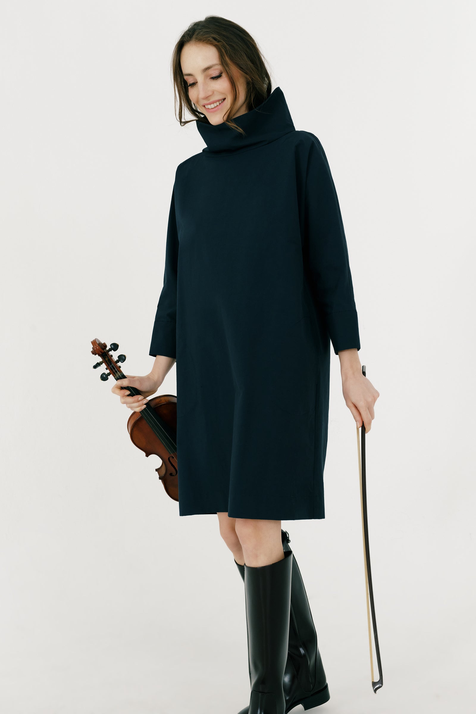 Kal Rieman Carla dress in navy Italian broadcloth on model front view detail