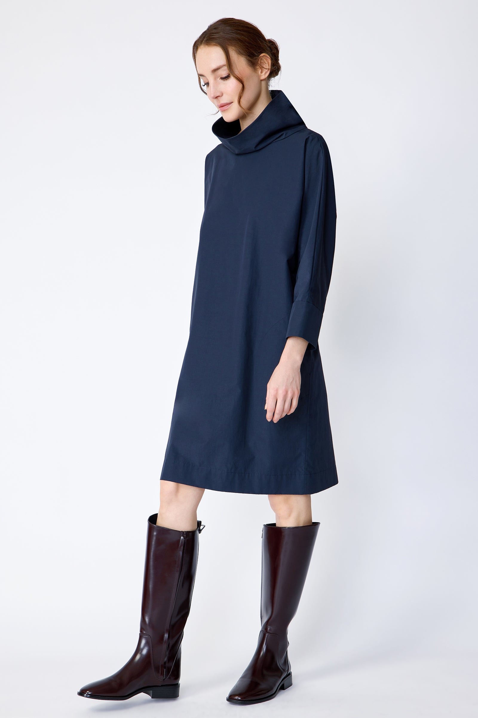 Kal Rieman Carla dress in navy Italian broadcloth on model side view