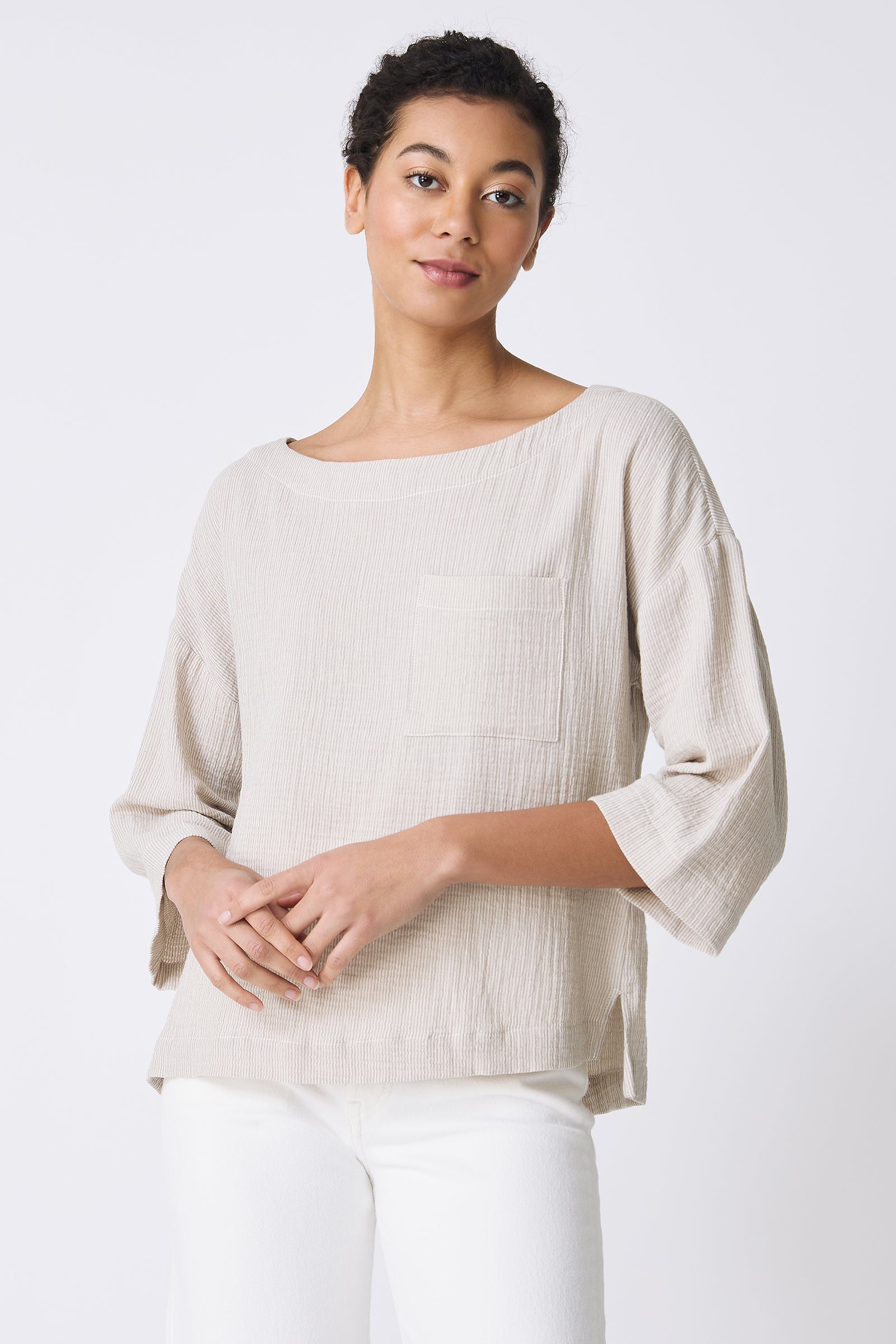 Kal Rieman Carmen Pocket Tee in Beige on model front view