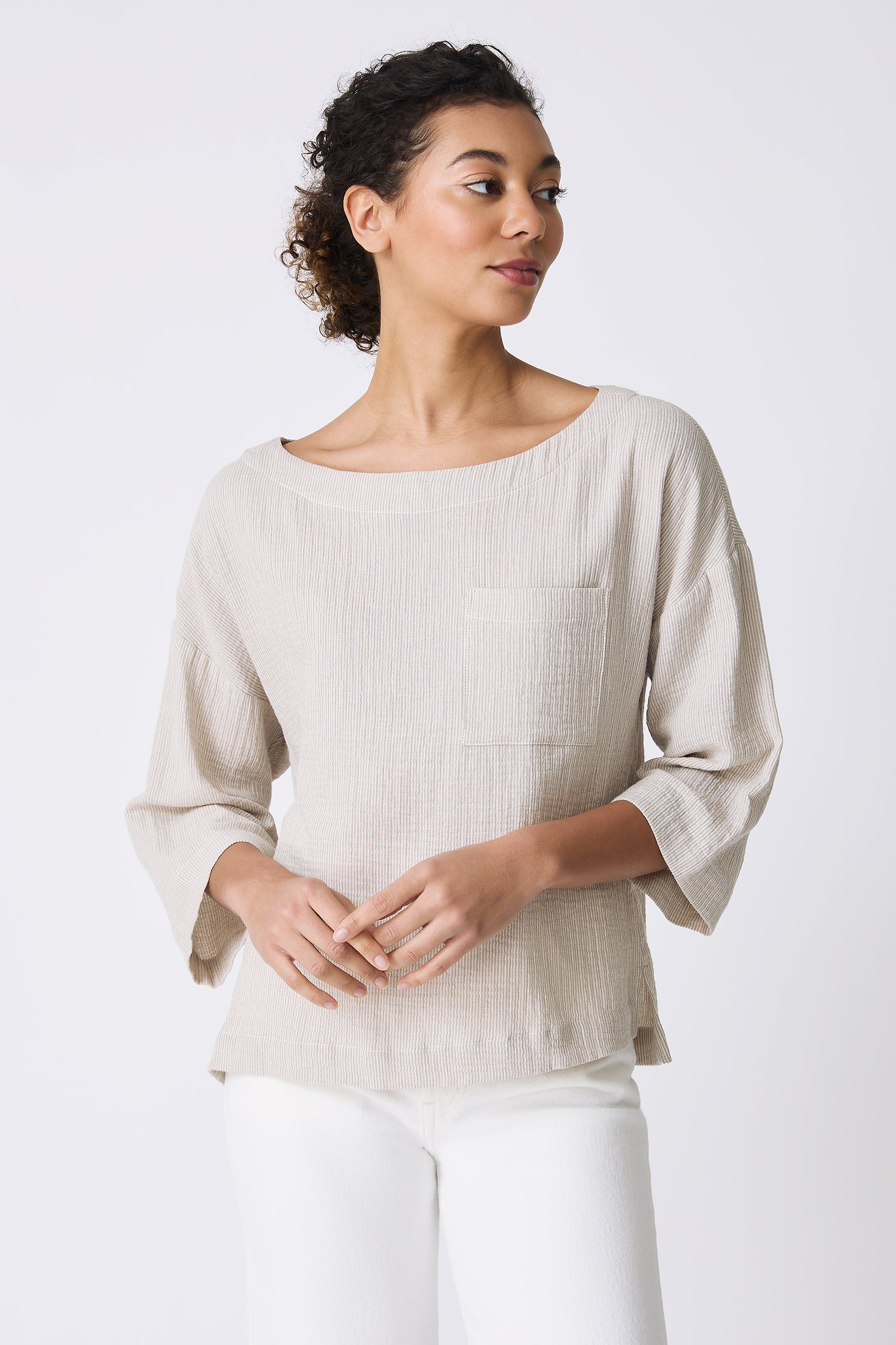 Kal Rieman Carmen Pocket Tee in Beige on model looking left front view