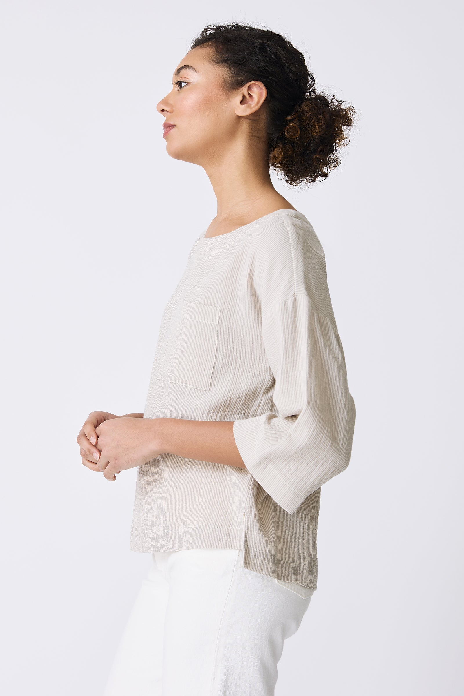 Kal Rieman Carmen Pocket Tee in Beige on model side view