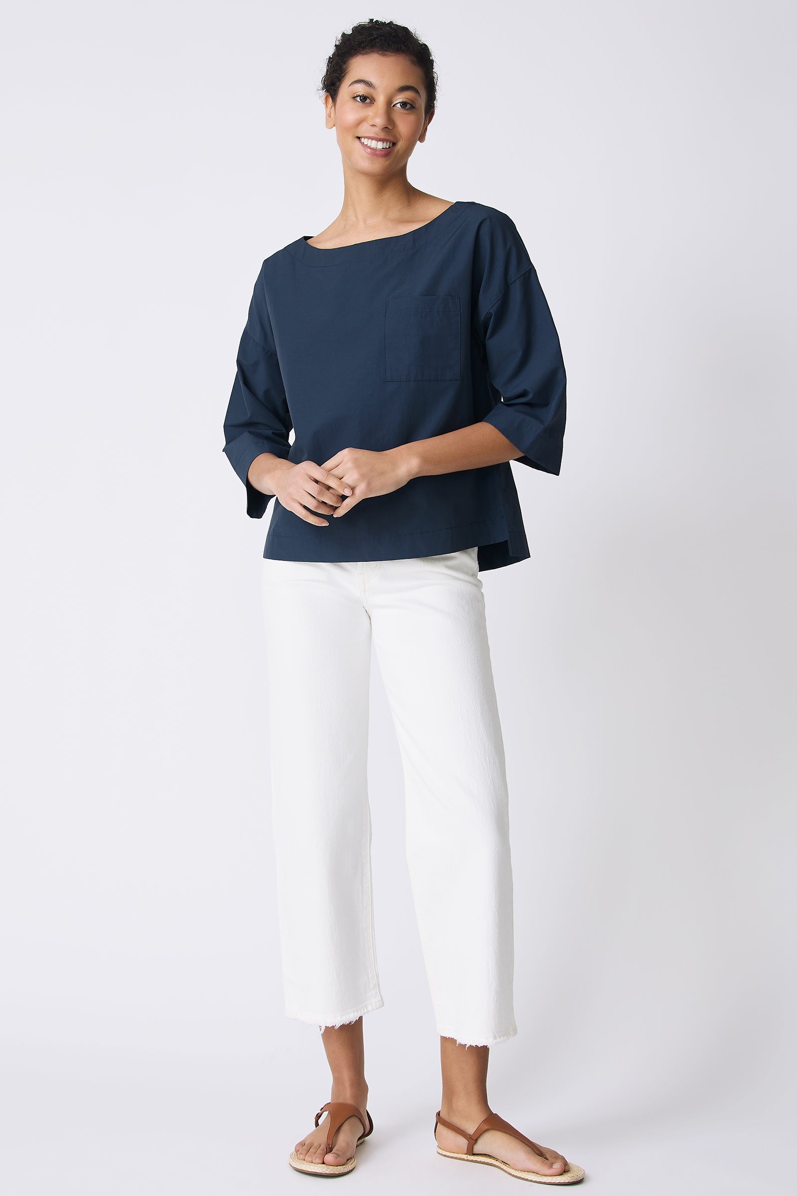 Kal Rieman Carmen Pocket Tee in Summer Navy on model smiling full front view