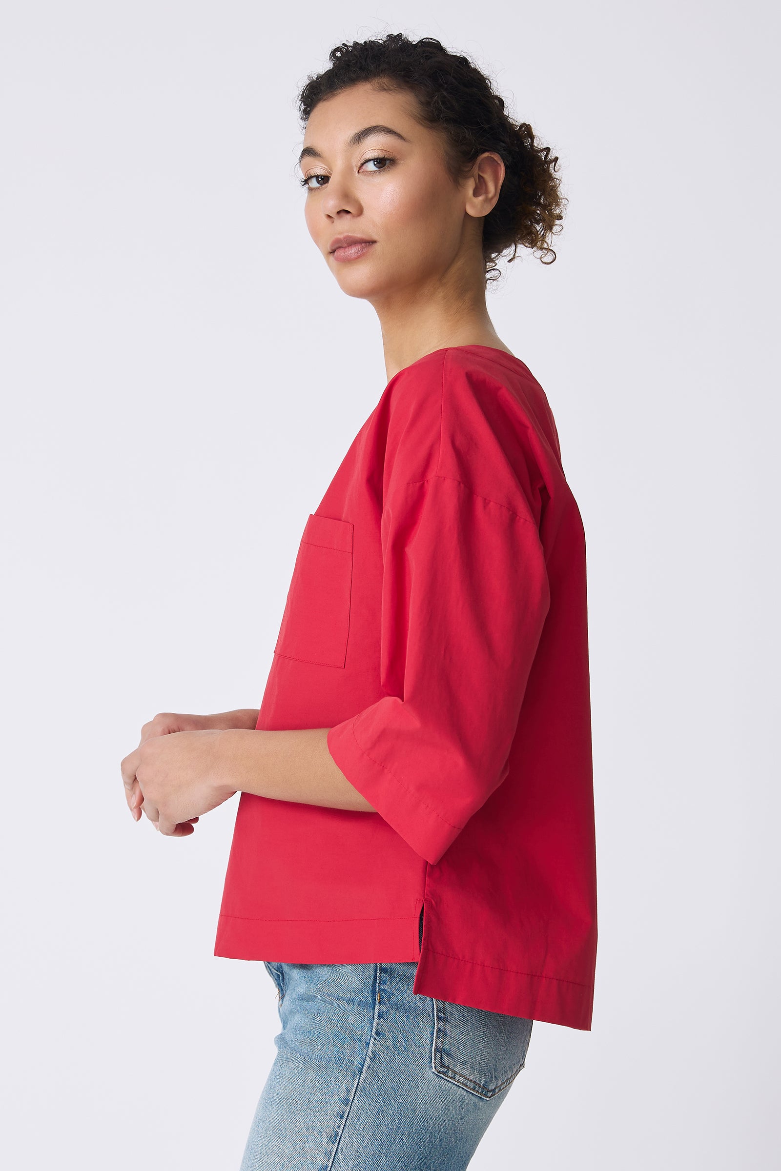 Kal Rieman Carmen Pocket Tee in Red on model side view