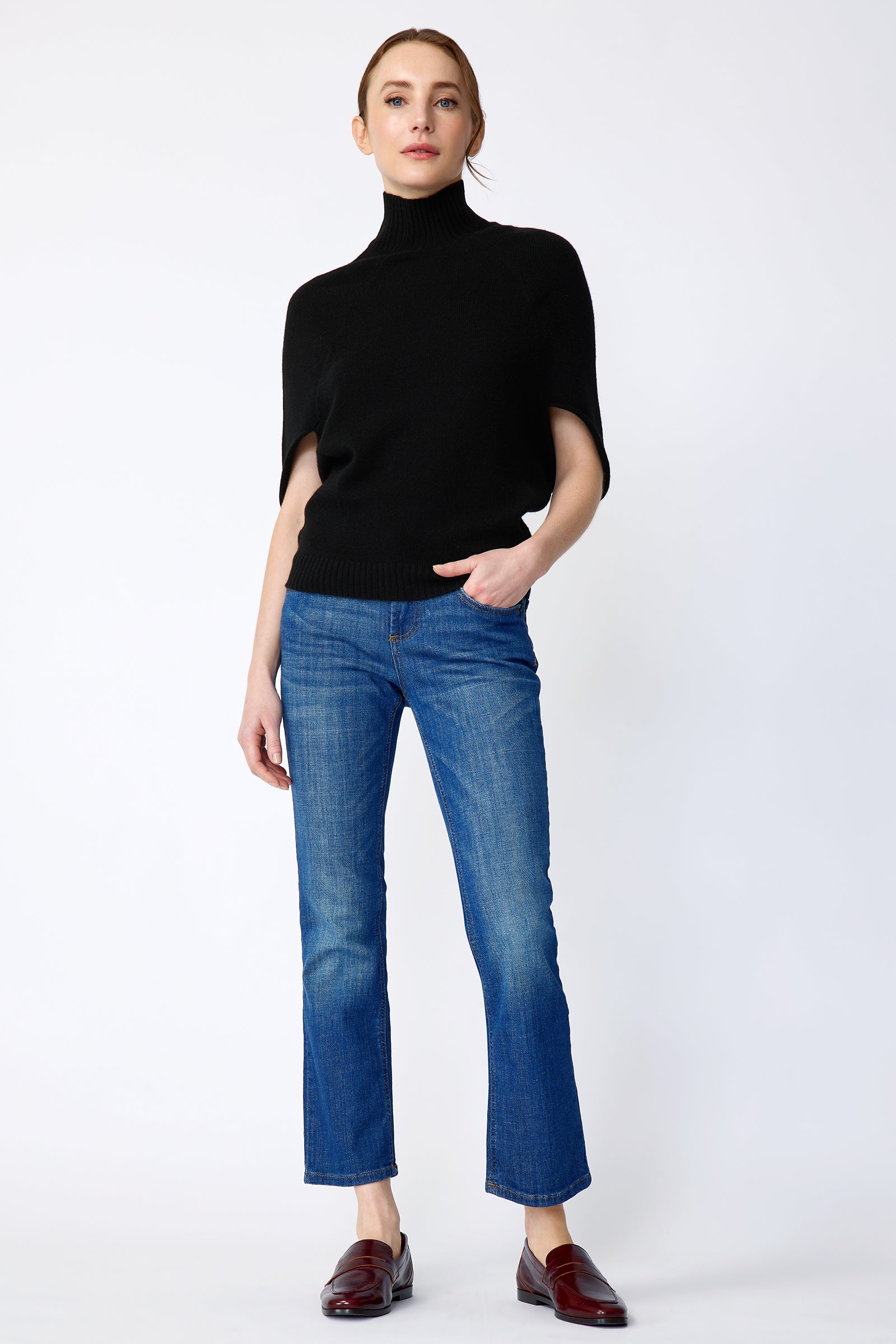 Kal Rieman Cashmere Cape Sweater in black on model front view full length
