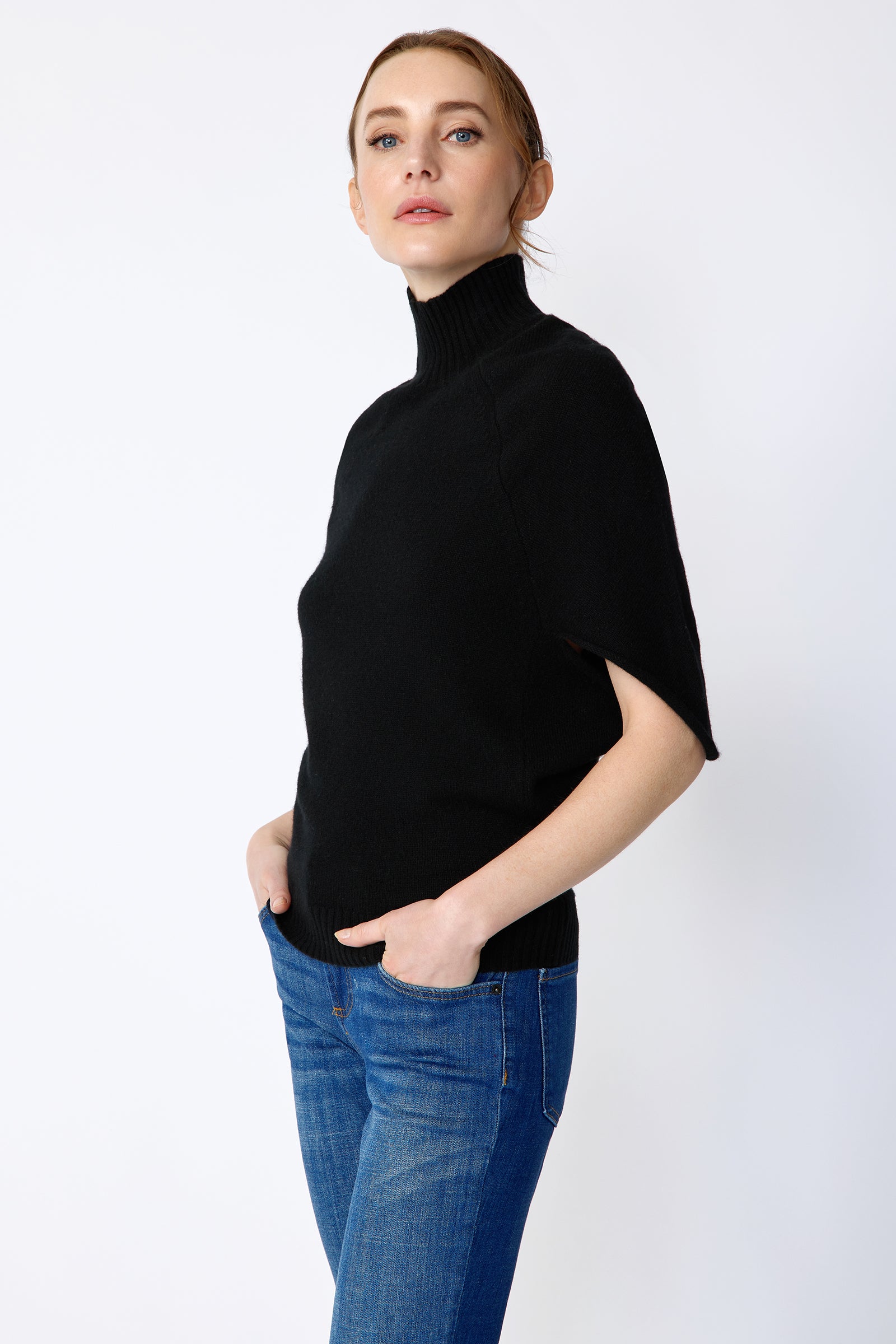 Kal Rieman Cashmere Cape Sweater in black on model side view
