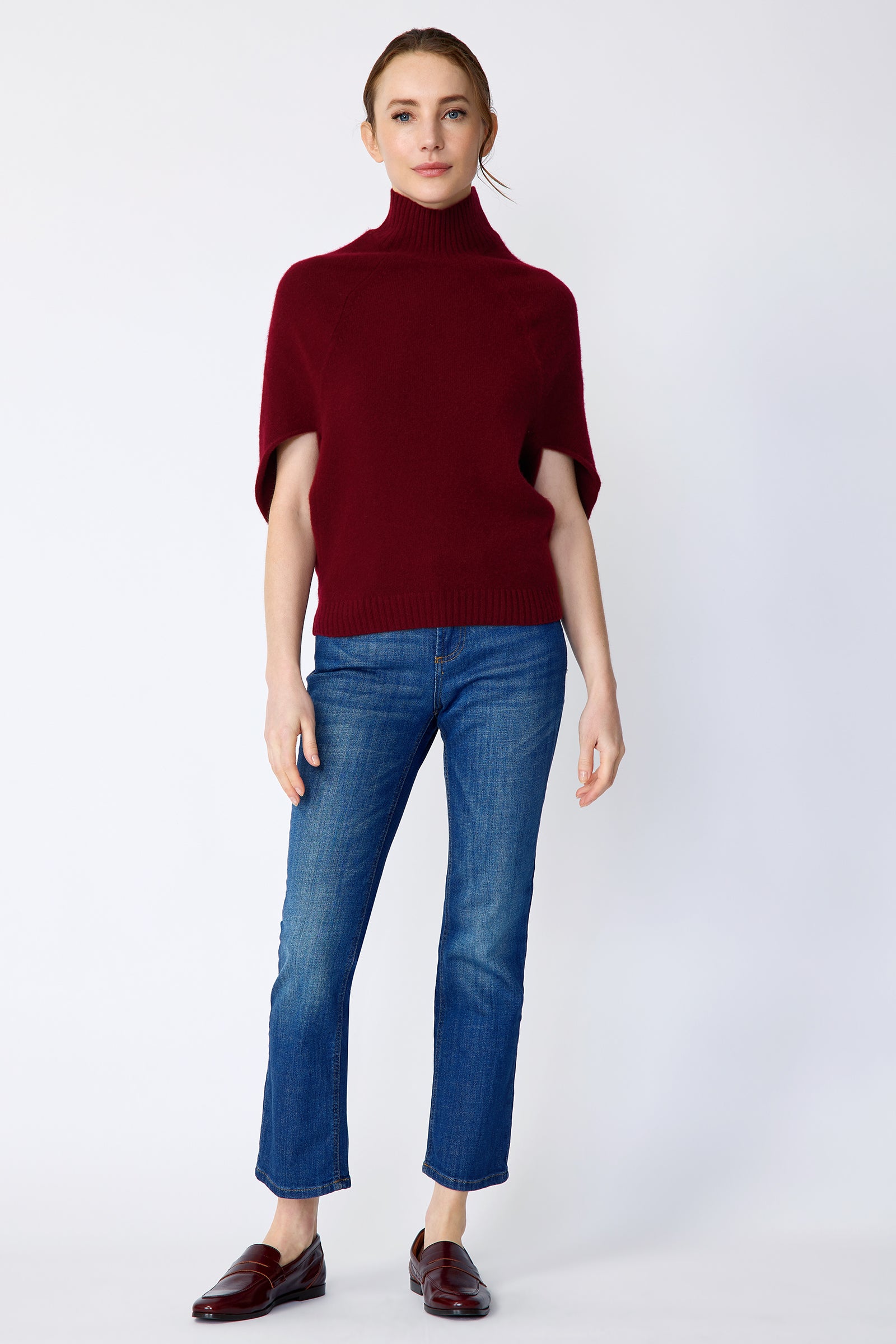 Kal Rieman Cashmere Cape Sweater in bordeaux on model front view full length