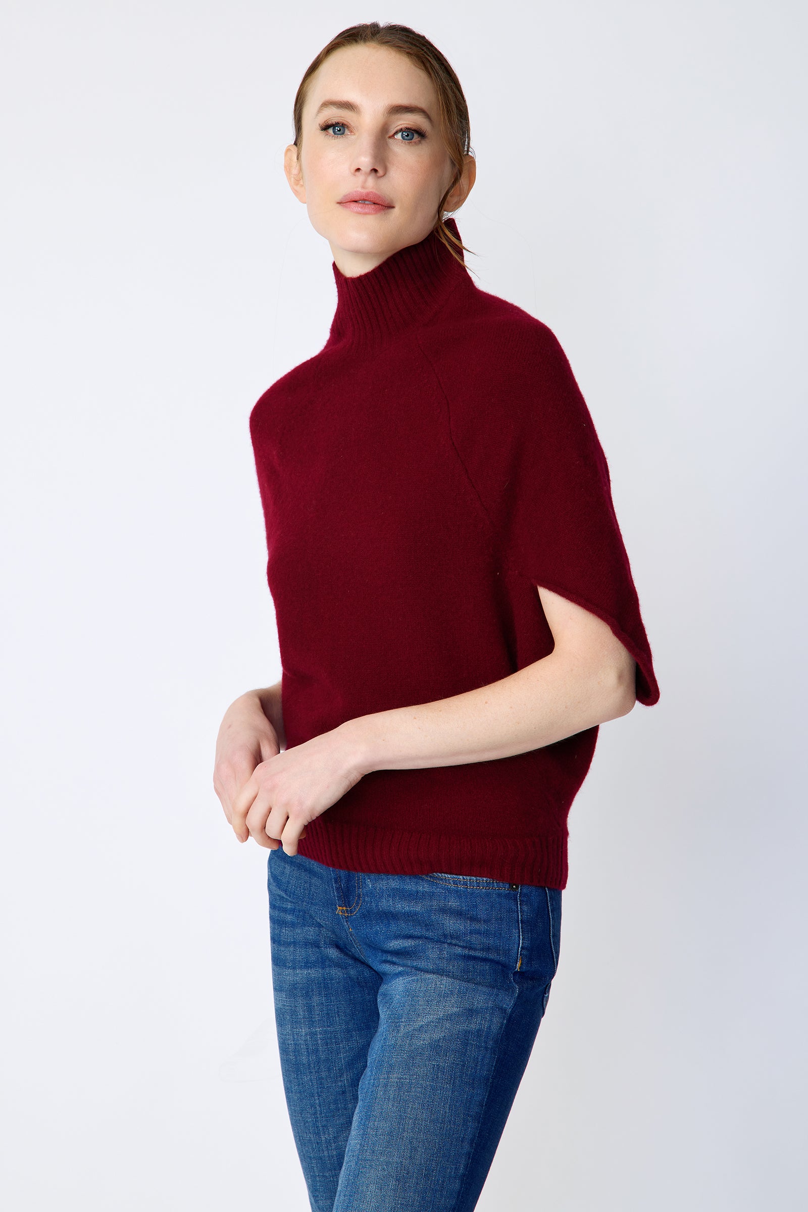 Kal Rieman Cashmere Cape Sweater in bordeaux on model side view