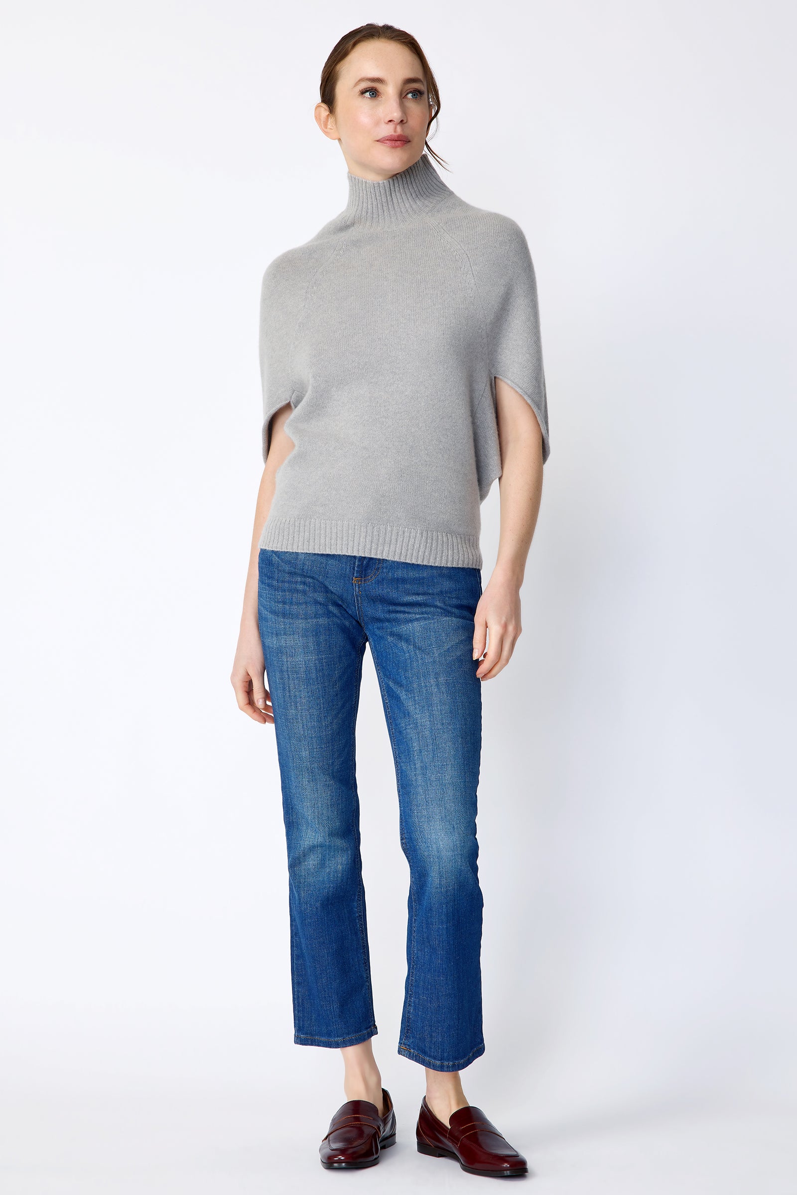 Kal Rieman Cashmere Cape Sweater in grey on model front view full look