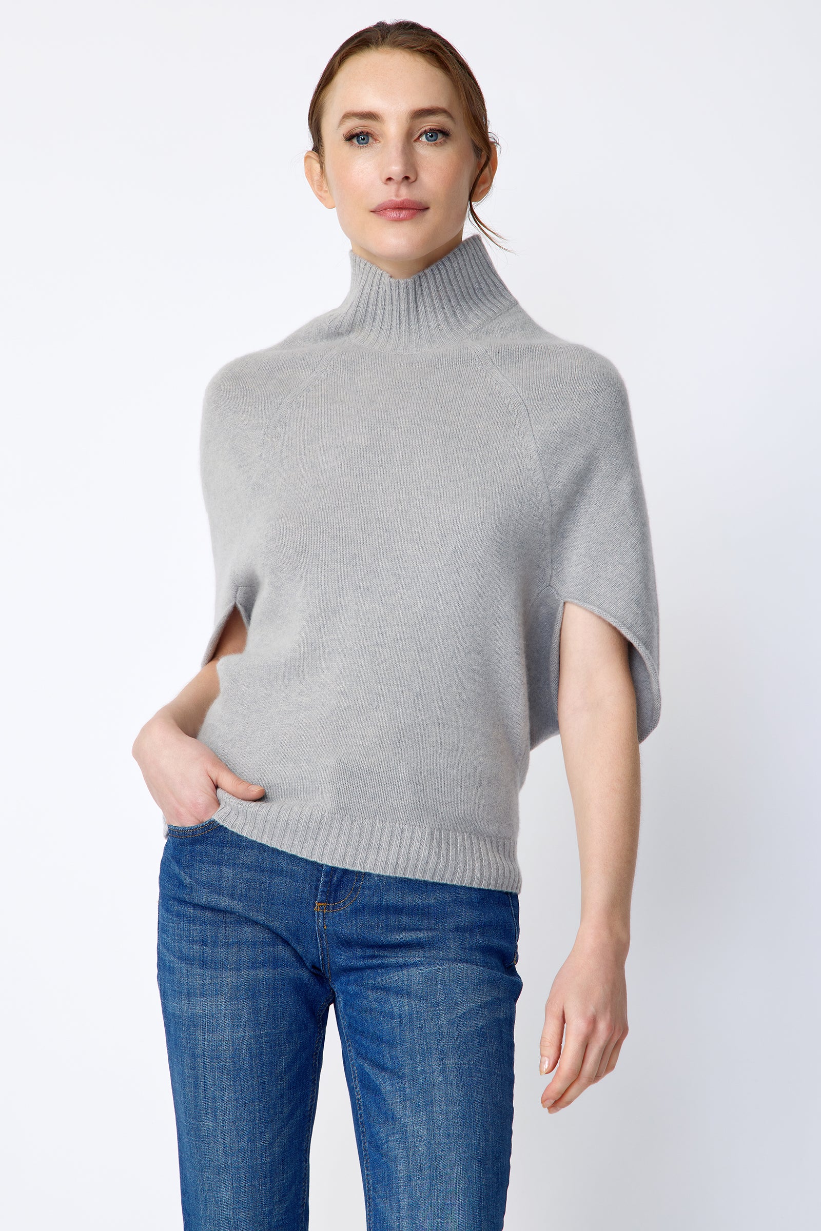 Kal Rieman Cashmere Cape Sweater in grey on model front view hand in pocket