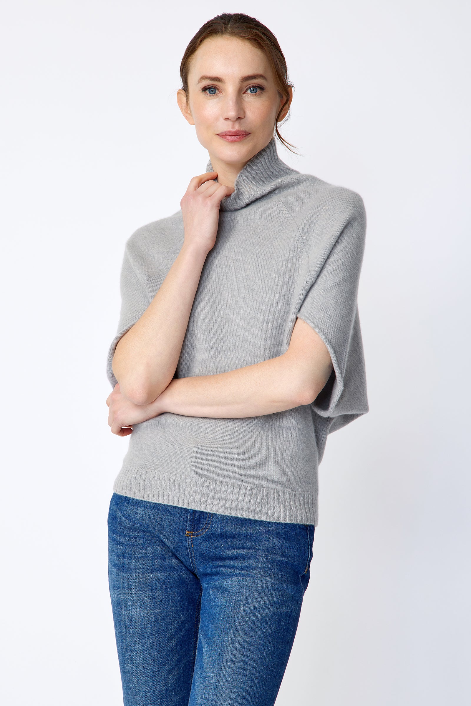 Kal Rieman Cashmere Cape Sweater in grey on model front view holding collar