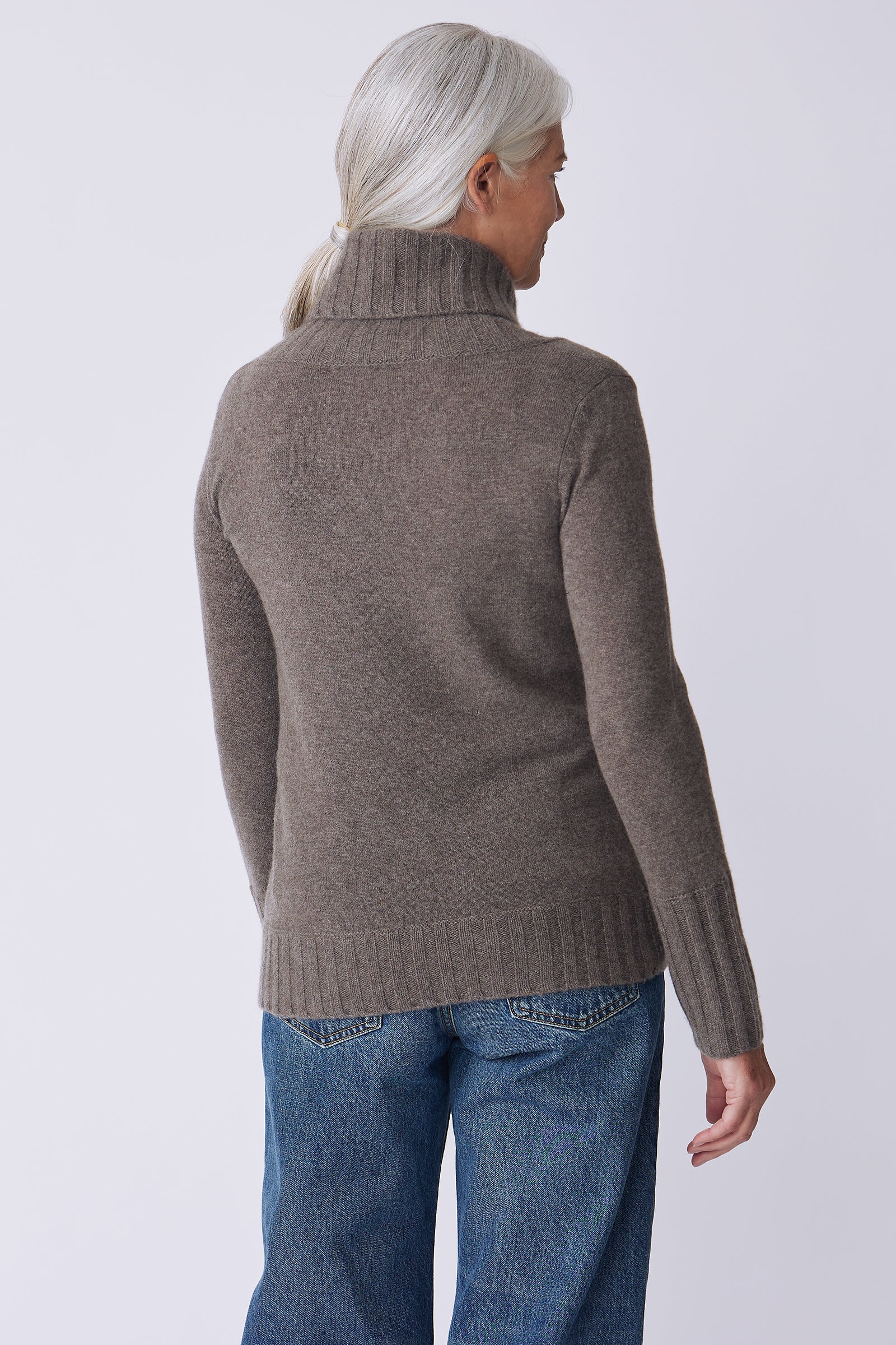 Kal Rieman Cashmere Cowl Turtleneck in elk on model back view