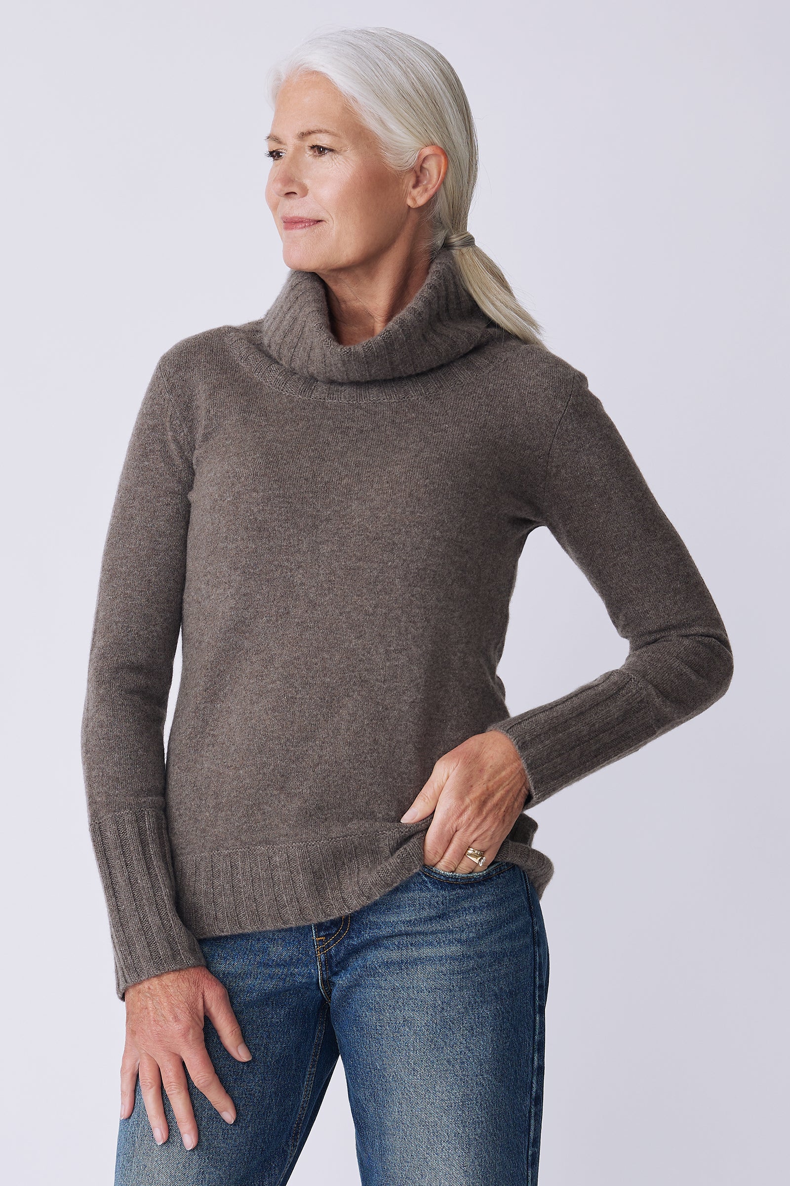 Kal Rieman Cashmere Cowl Turtleneck in elk on model front view hand in pocket