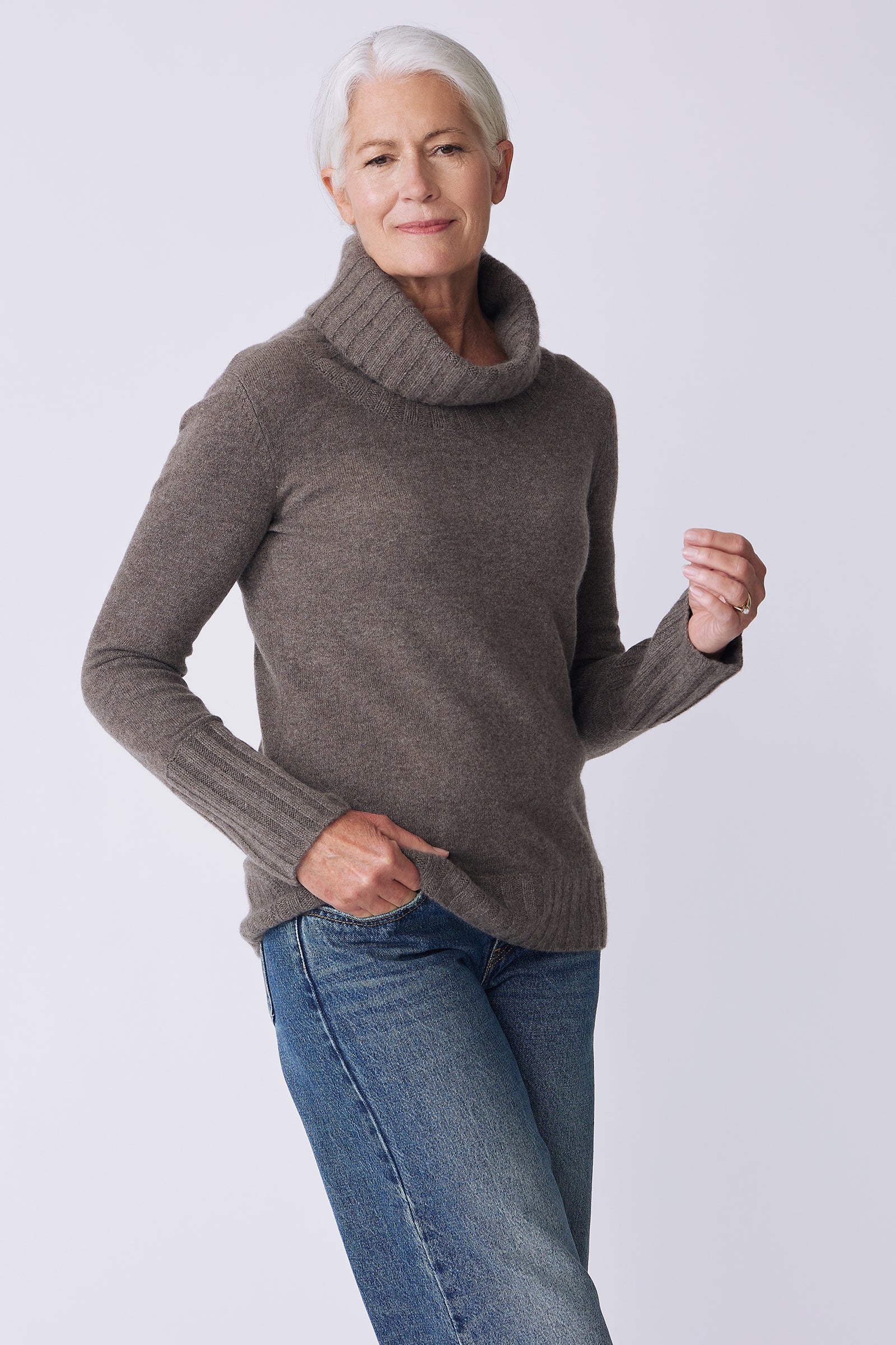 Kal Rieman Cashmere Cowl Turtleneck in elk on model side view hand in pocket