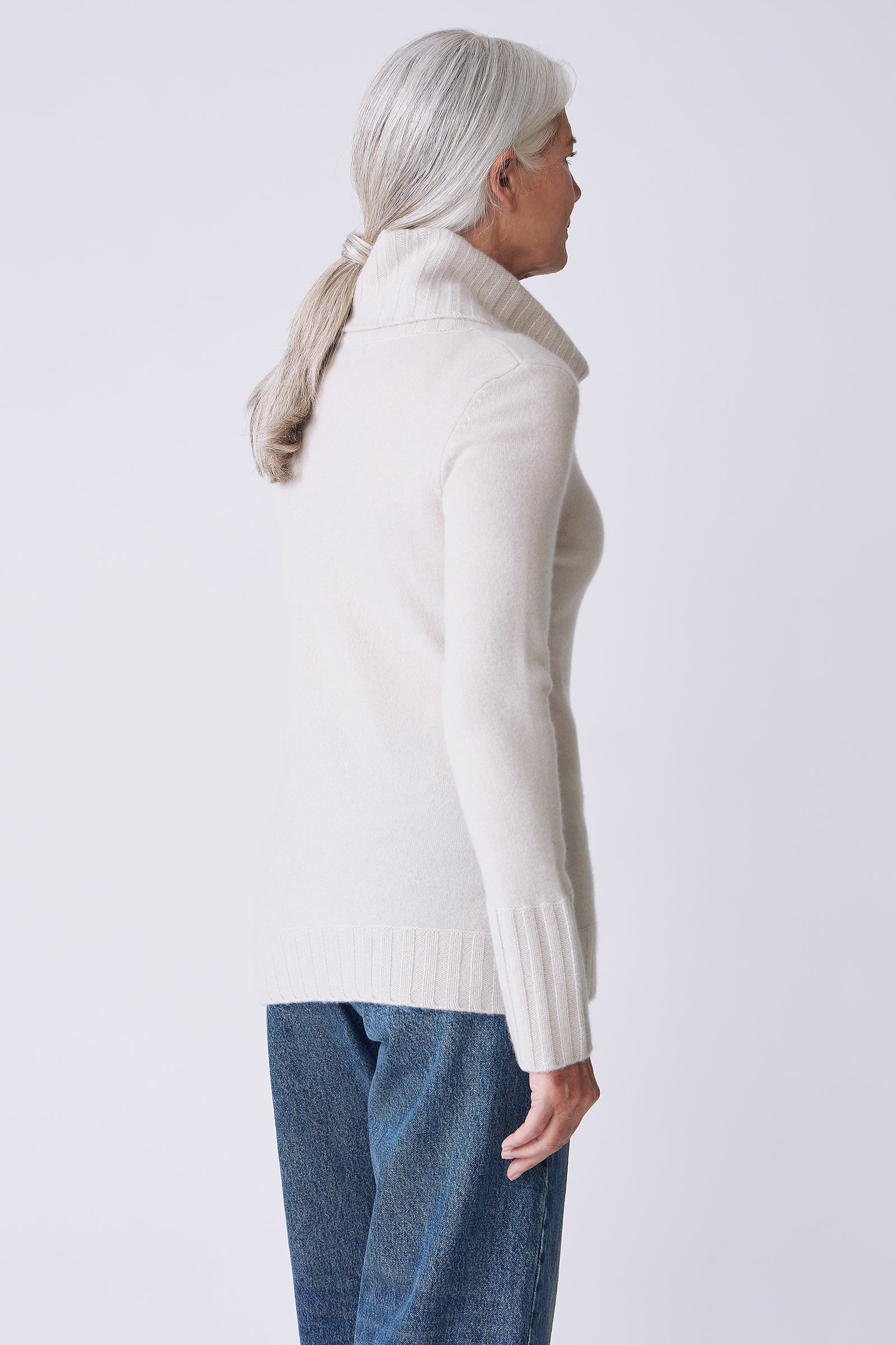 Kal Rieman Cashmere Cowl Turtleneck in haze on model back view