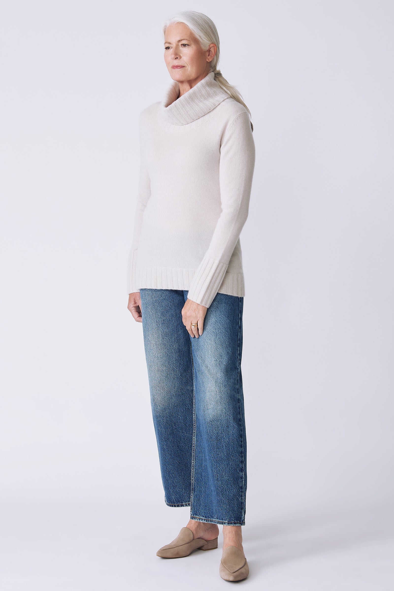 Kal Rieman Cashmere Cowl Turtleneck in haze on model side view