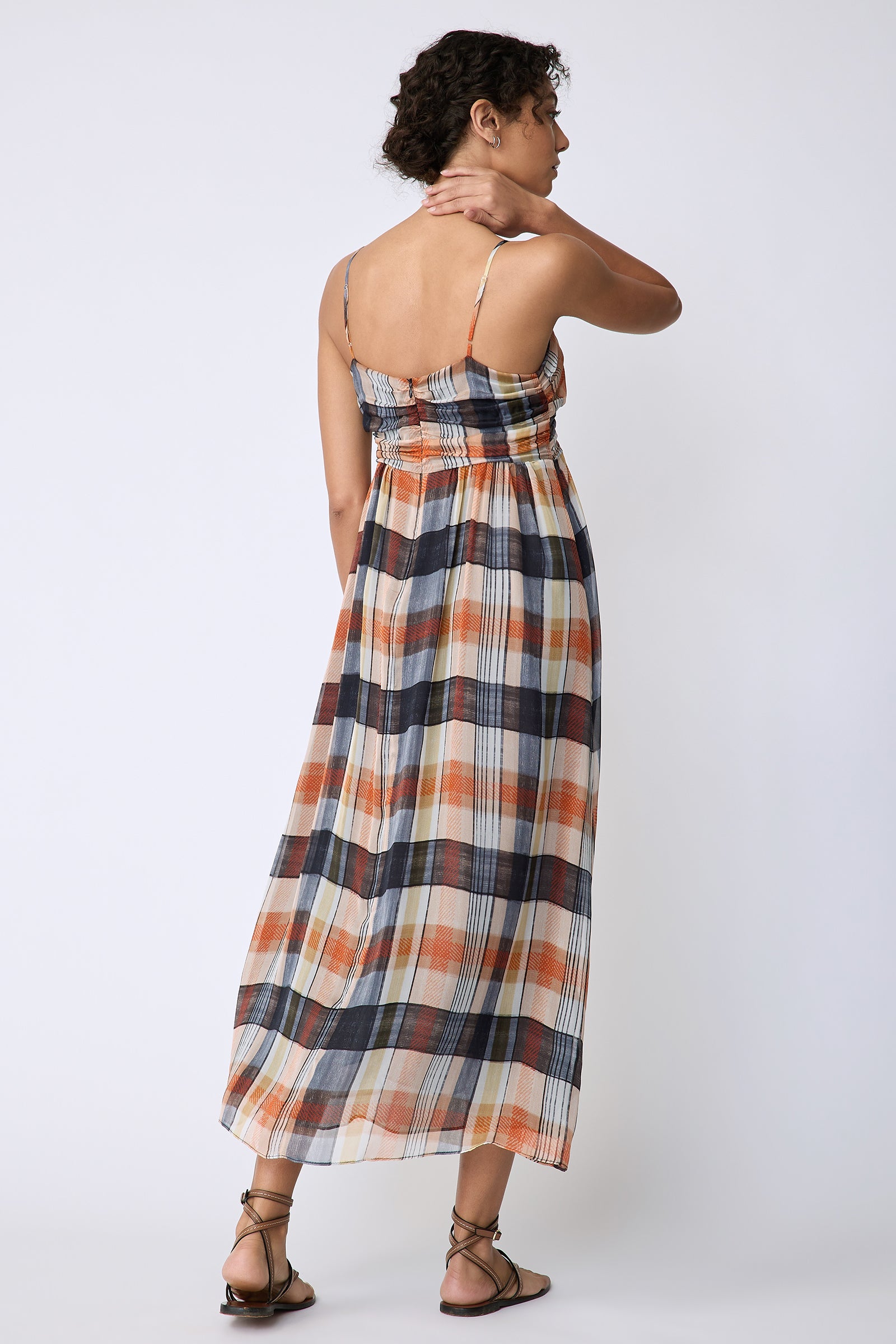 Kal Rieman Cassie Tie Front dress in plaid chiffon on model back view holding neck