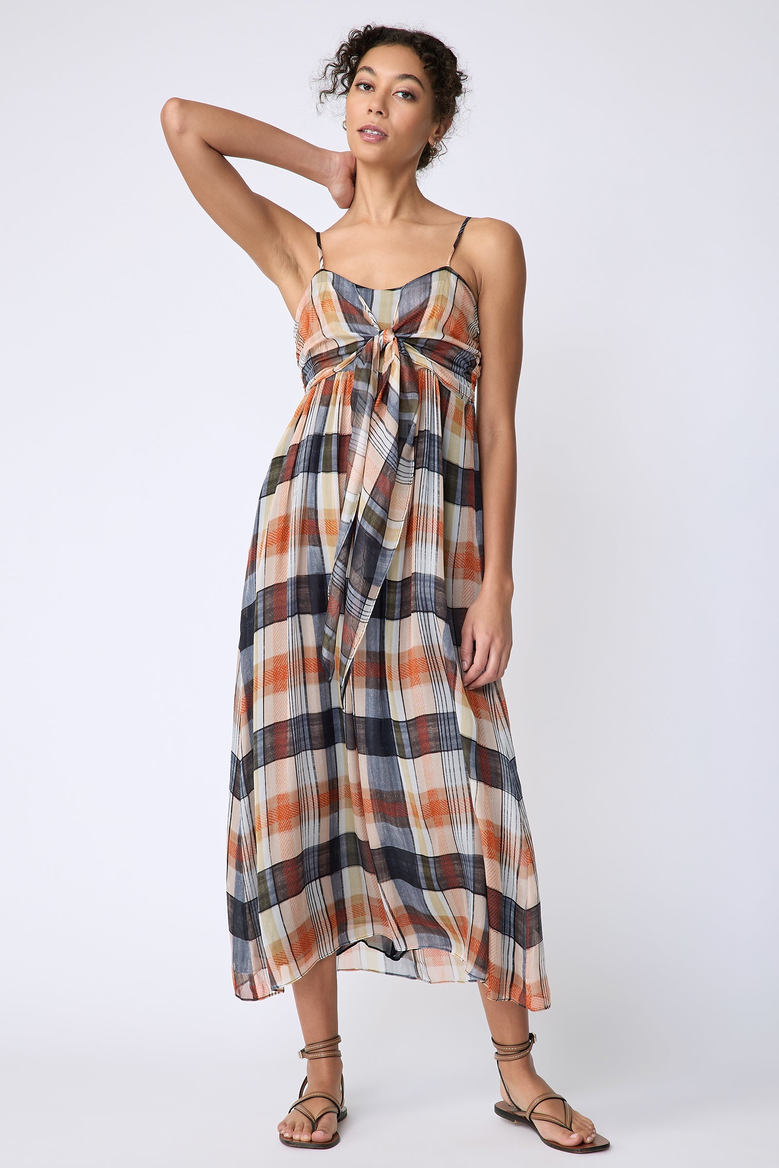 Kal Rieman Cassie Tie Front dress in plaid chiffon on model front view hand on neck
