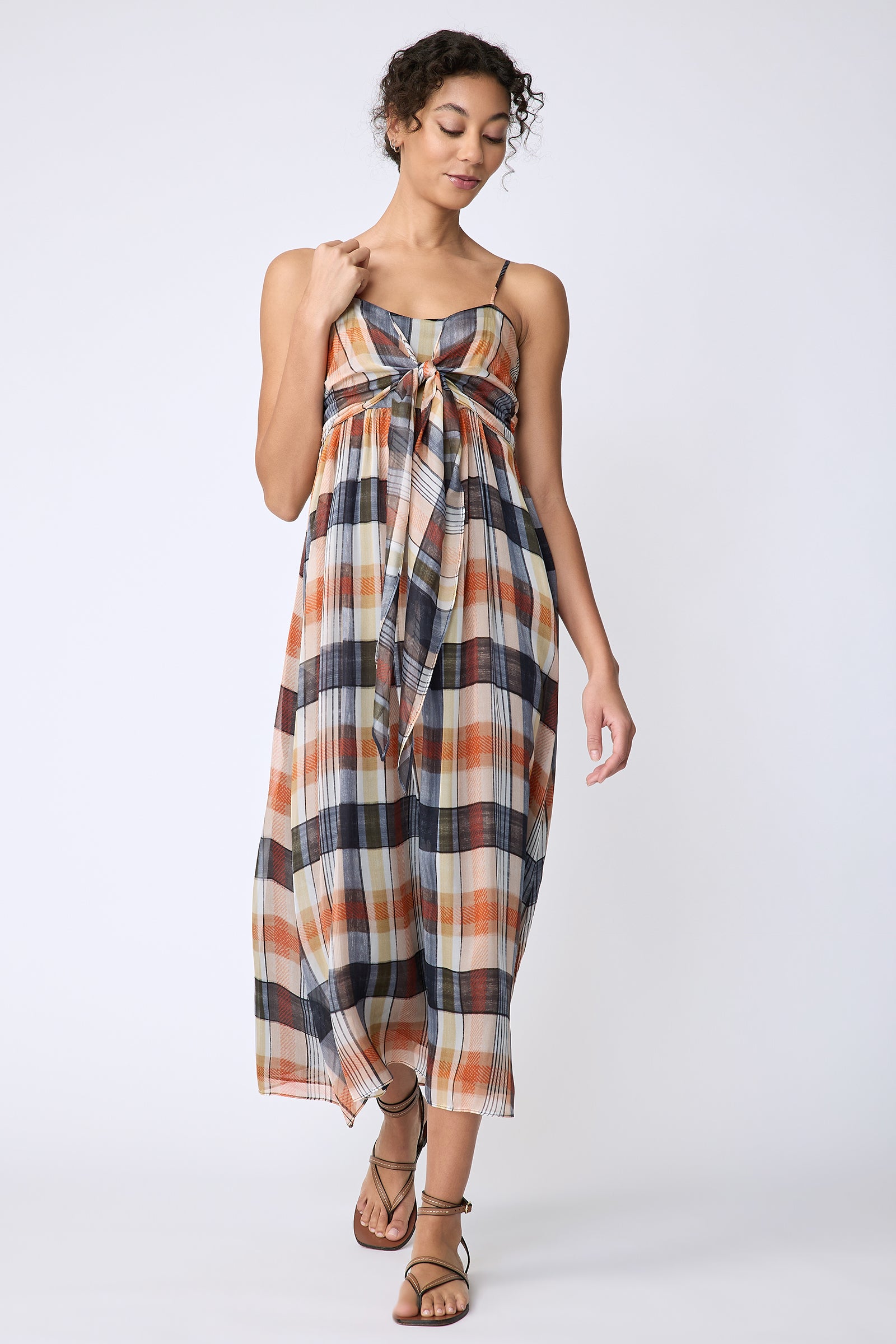 Kal Rieman Cassie Tie Front dress in plaid chiffon on model front view walking
