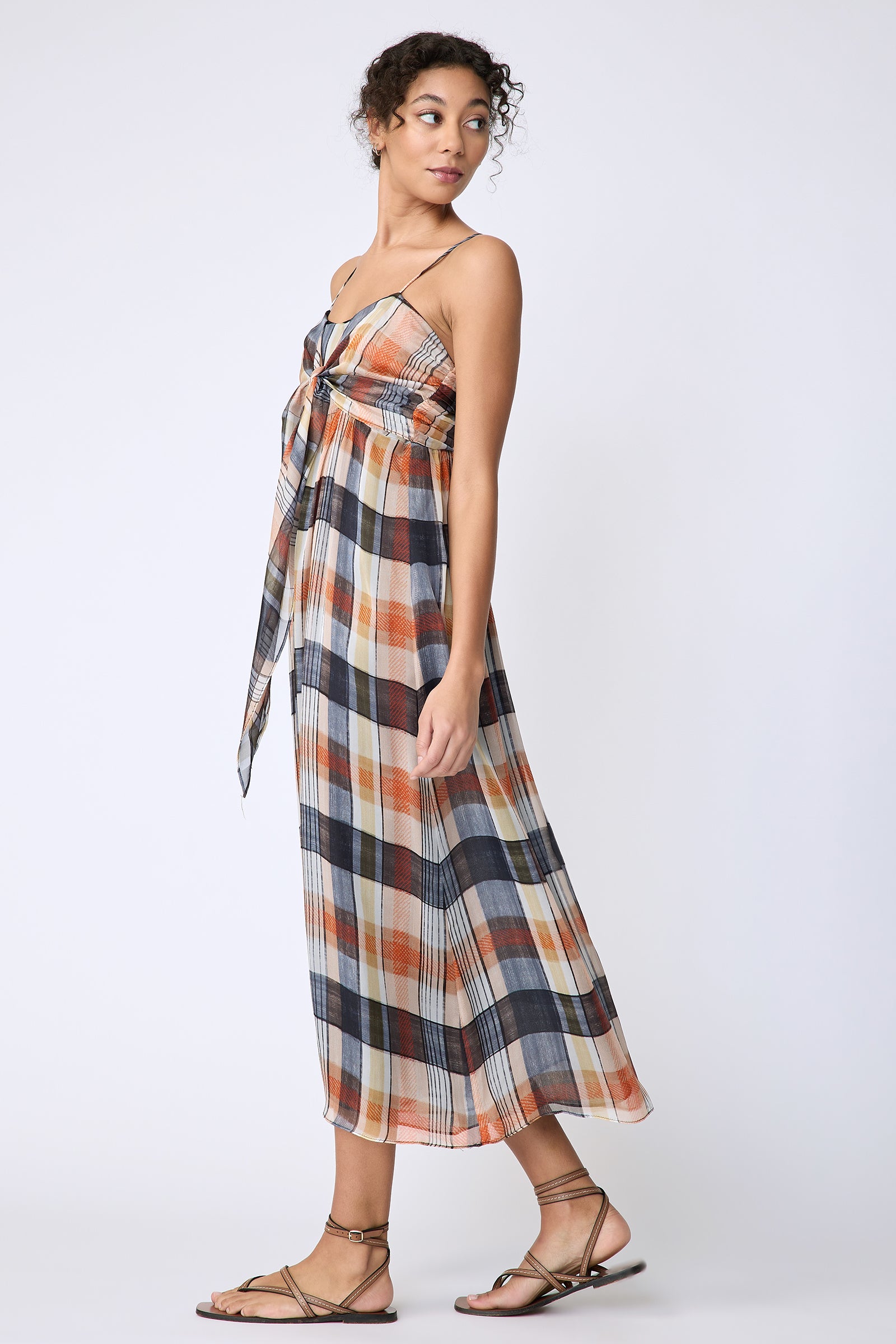 Kal Rieman Cassie Tie Front dress in plaid chiffon on model side view looking back