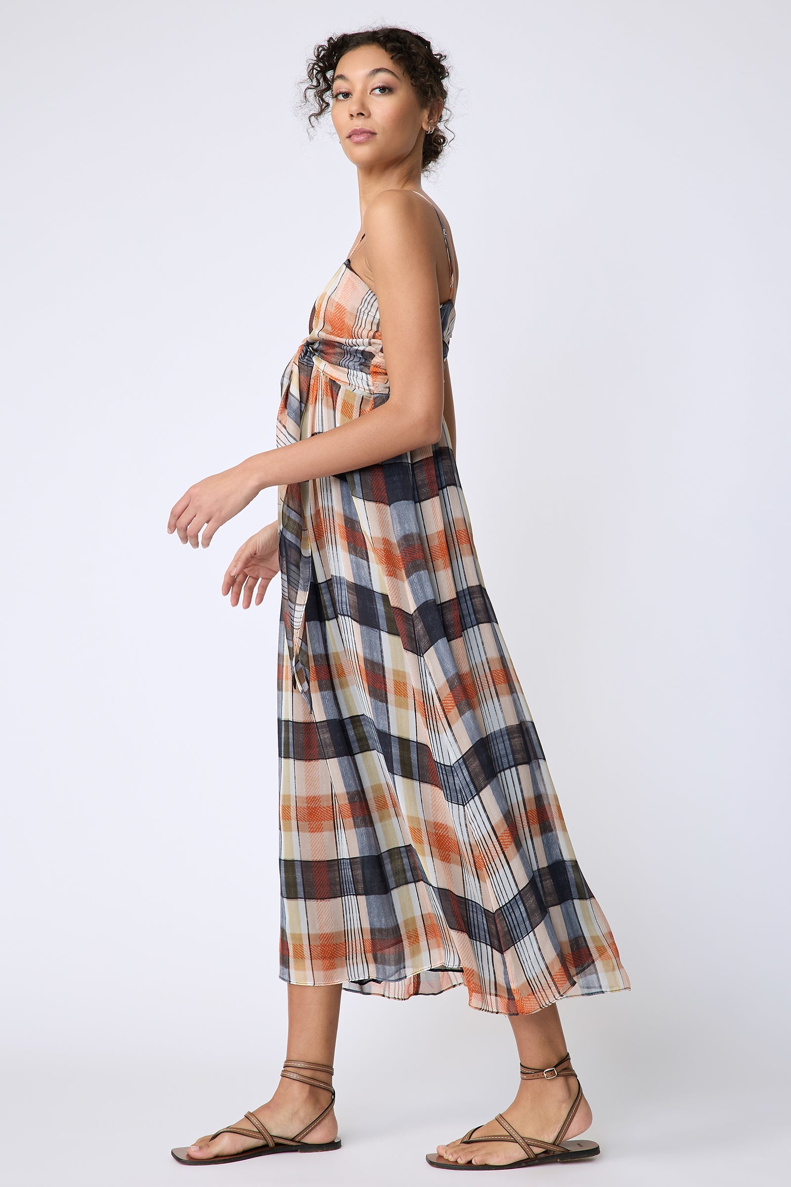 Kal Rieman Cassie Tie Front dress in plaid chiffon on model side walking