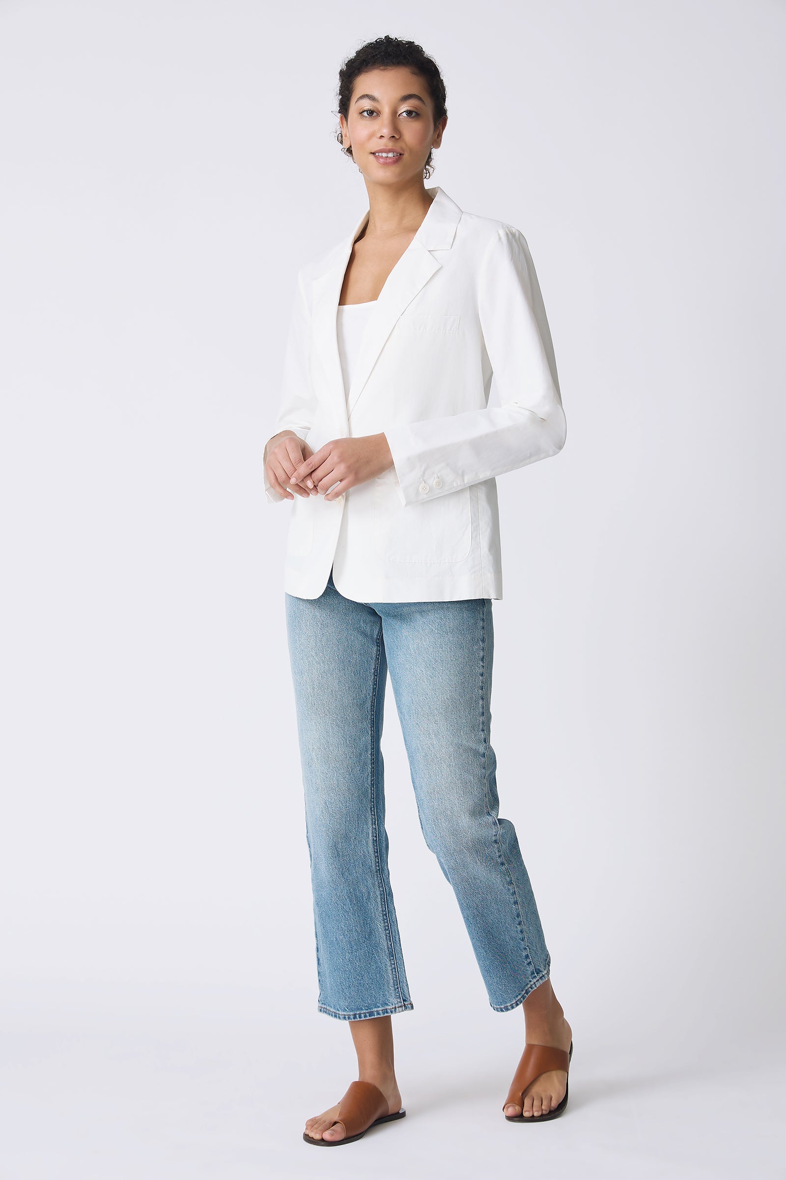 Kal Rieman Castel Patch Pocket Blazer in Ecru on model touching hands full front view