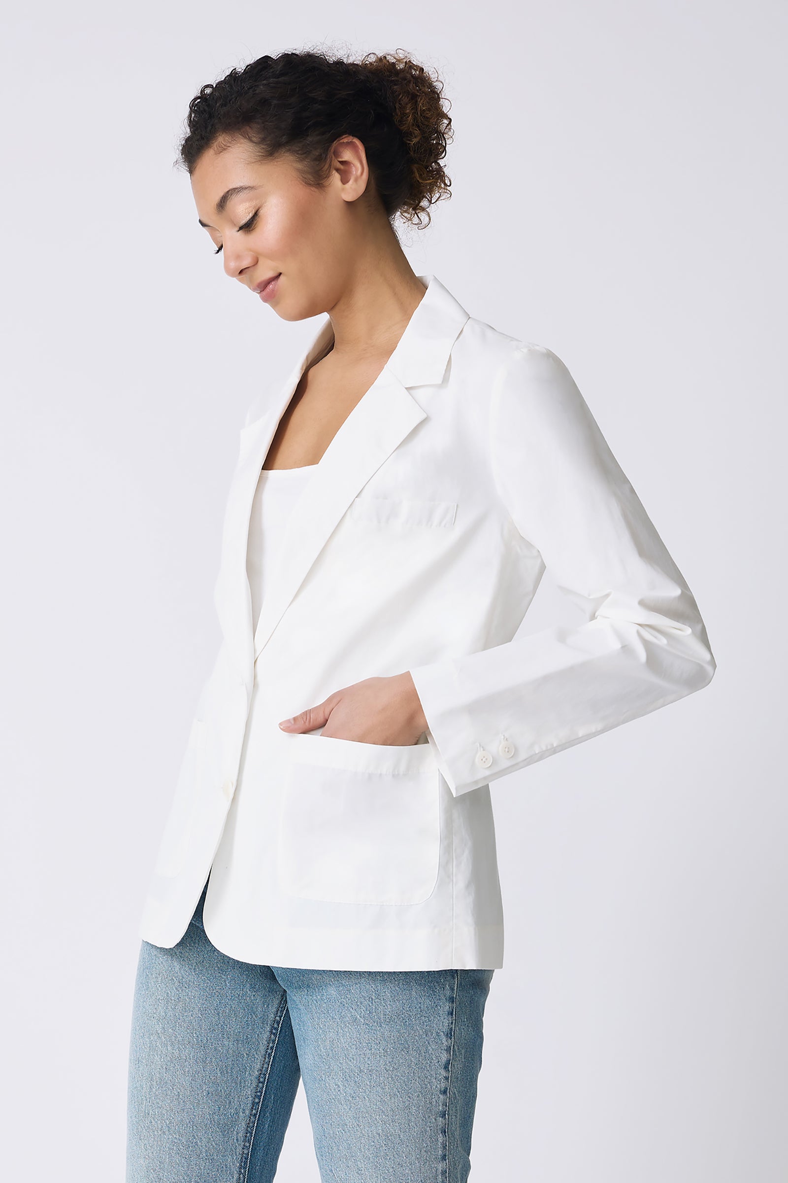 Kal Rieman Castel Patch Pocket Blazer in Ecru on model with hand in pocket side view