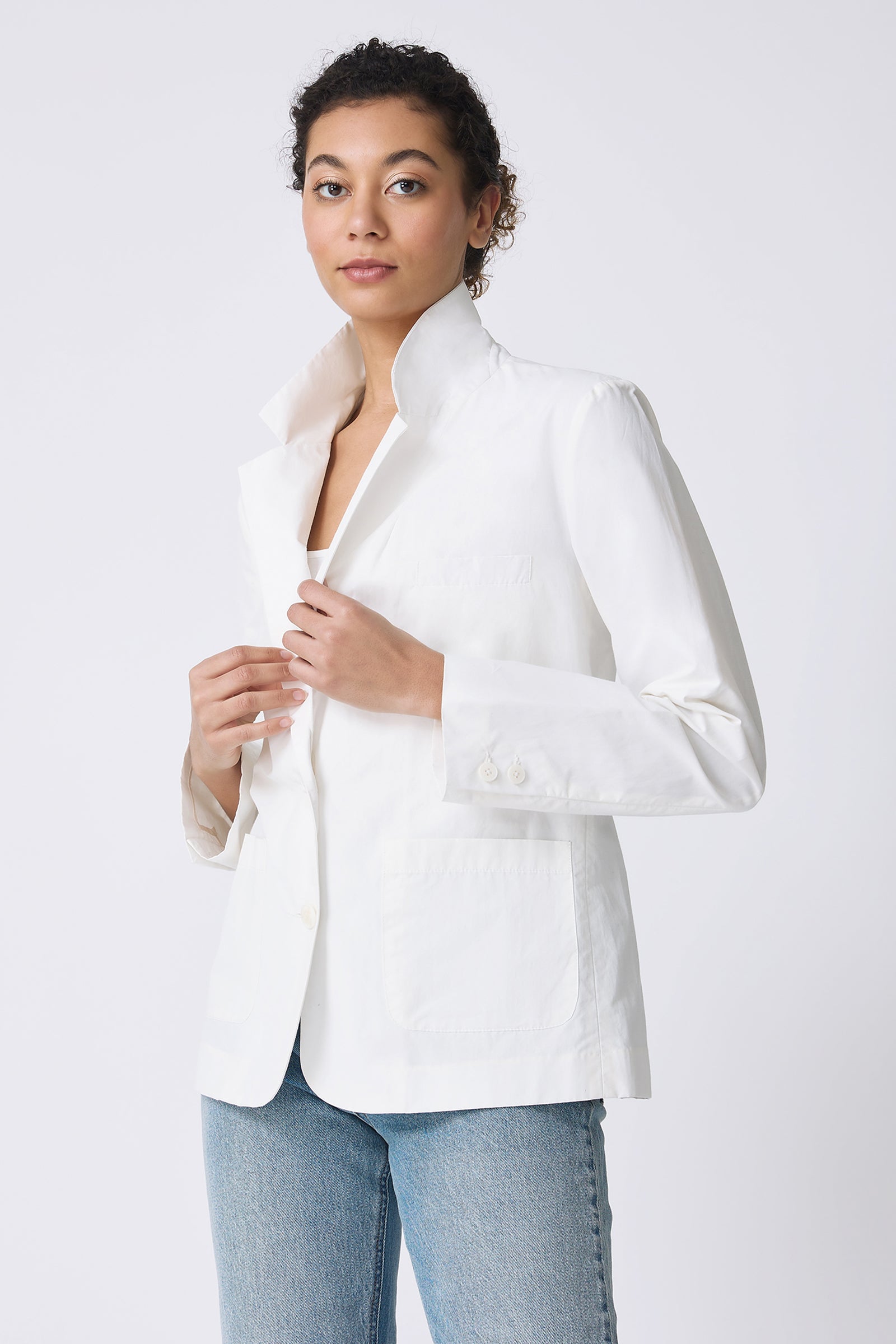 Kal Rieman Castel Patch Pocket Blazer in Ecru on model touching lapels front view