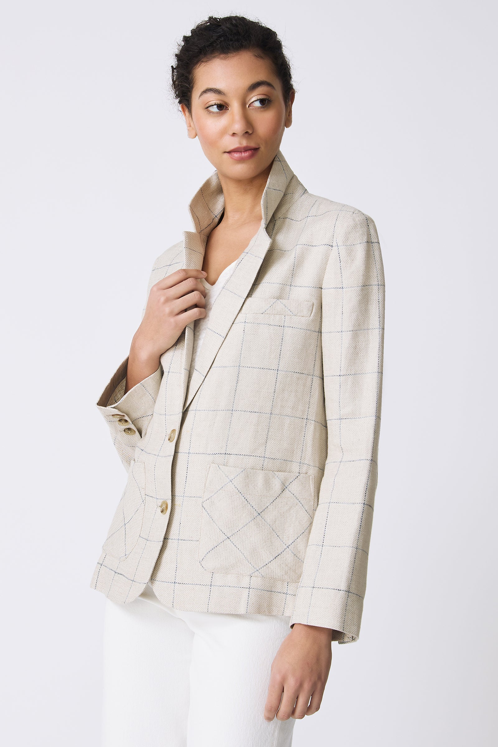 Kal Rieman Castel Patch Pocket Blazer in Windowpane on model touching lapel front view