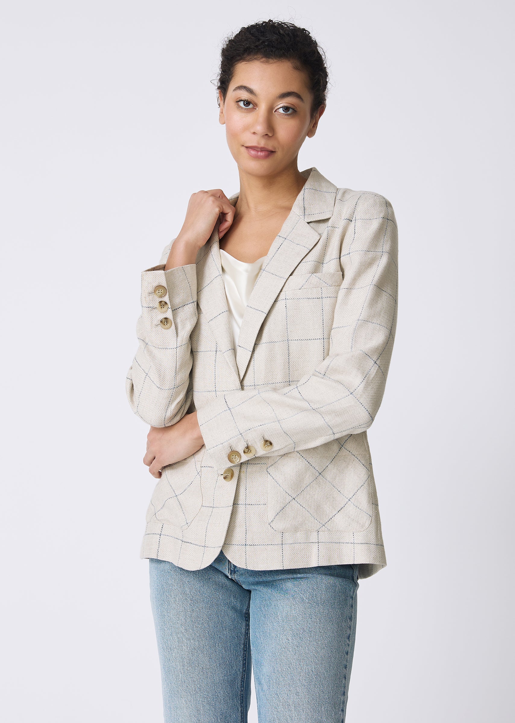 Kal Rieman Castel Patch Pocket Blazer in Windowpane on model touching collar front view