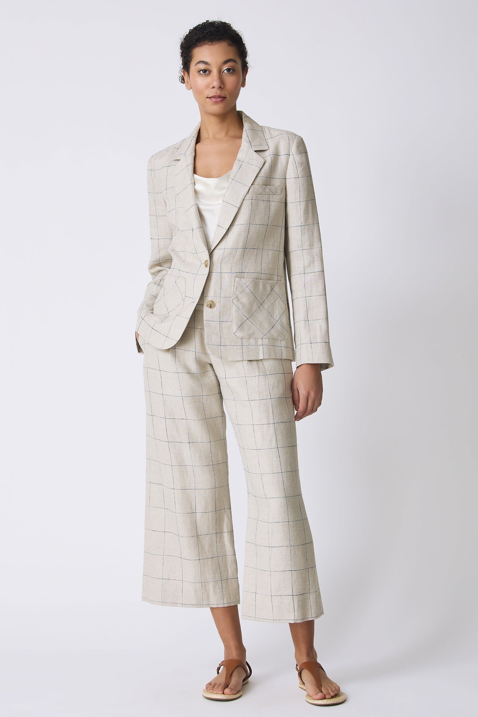 Kal Rieman Castel Patch Pocket Blazer in Windowpane on model with hand in pocket full front view