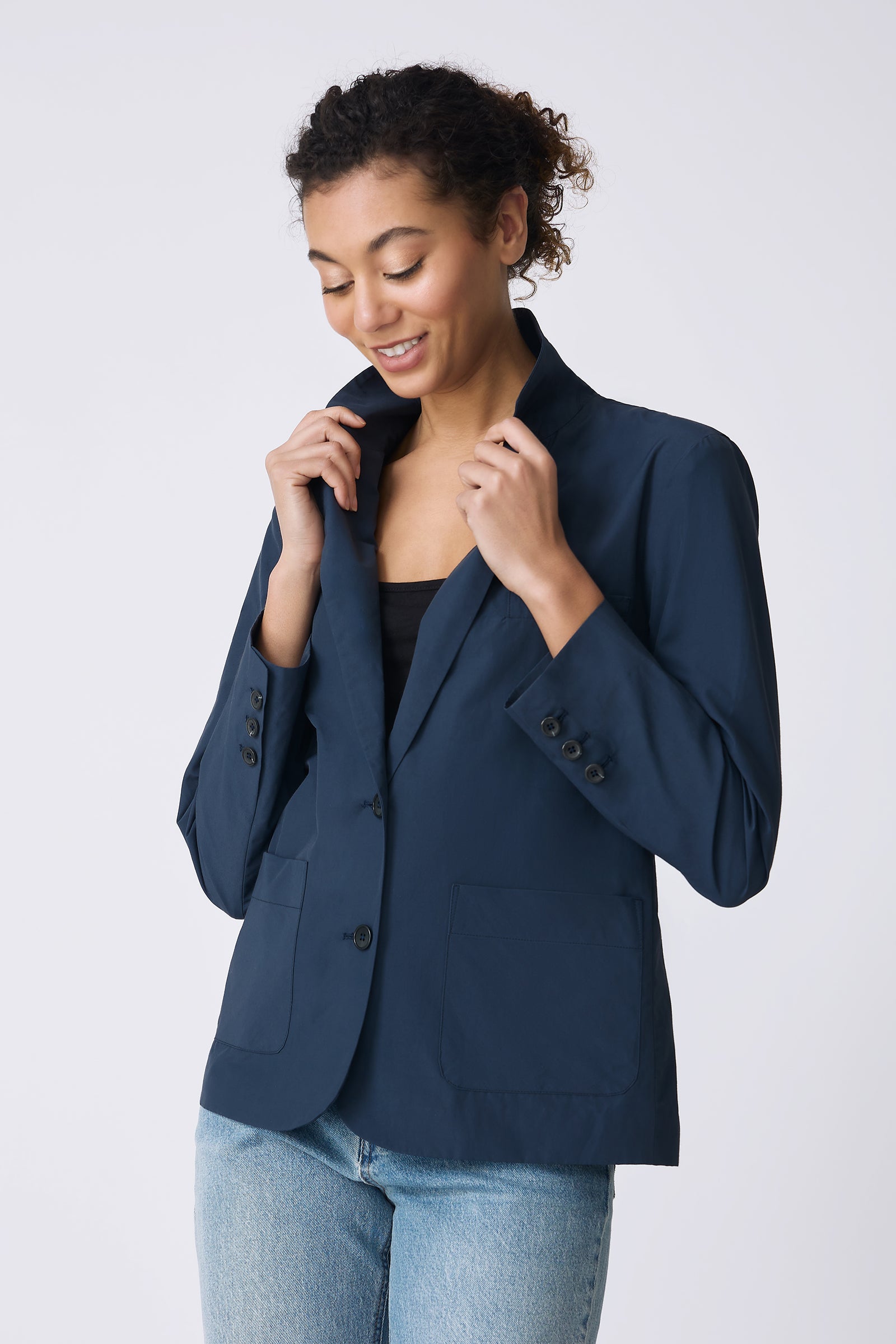 Kal Rieman Castel Patch Pocket Blazer in Summer Navy on model touching collar front view