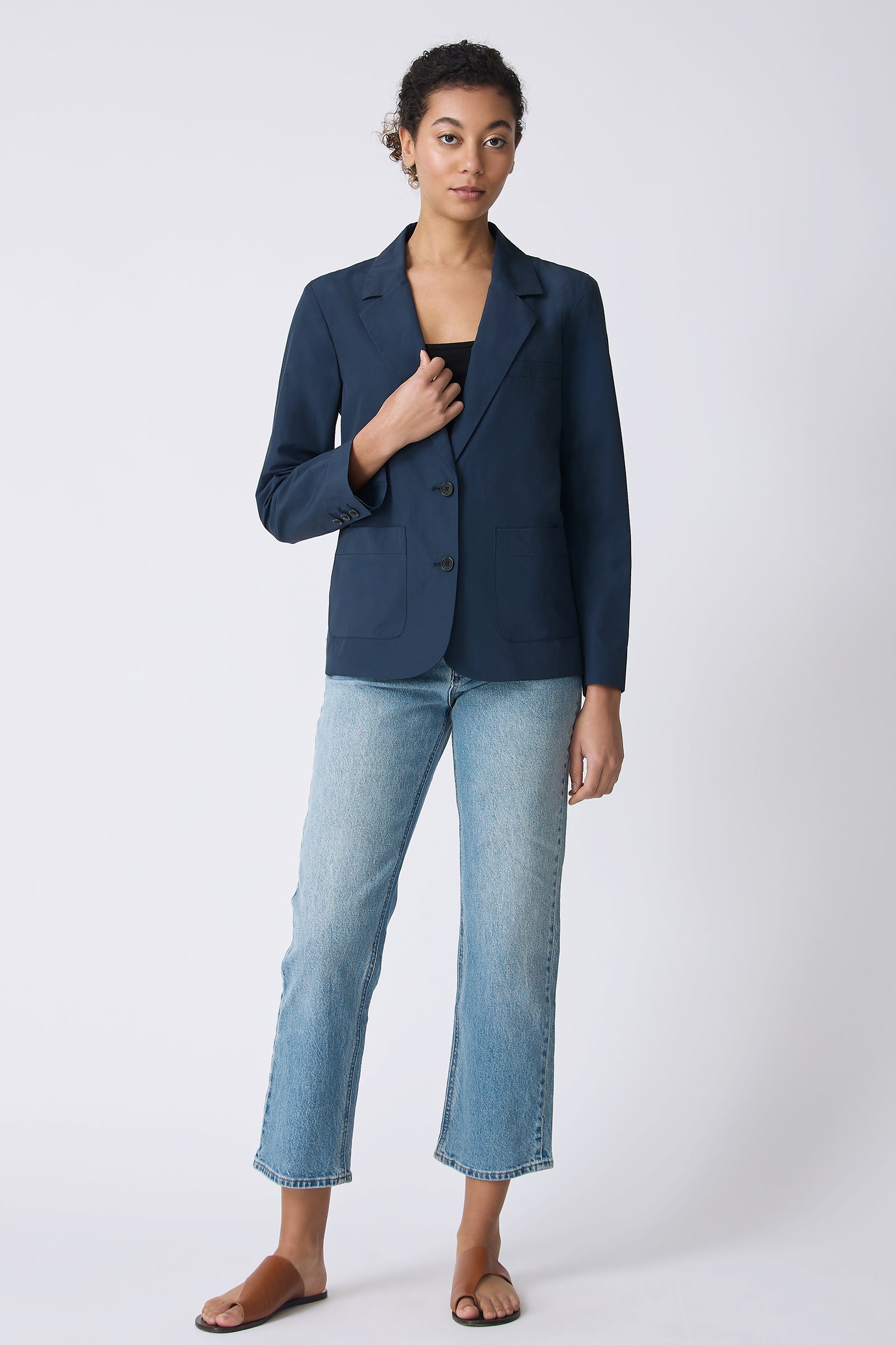 Kal Rieman Castel Patch Pocket Blazer in Summer Navy on model touching blazer full front view