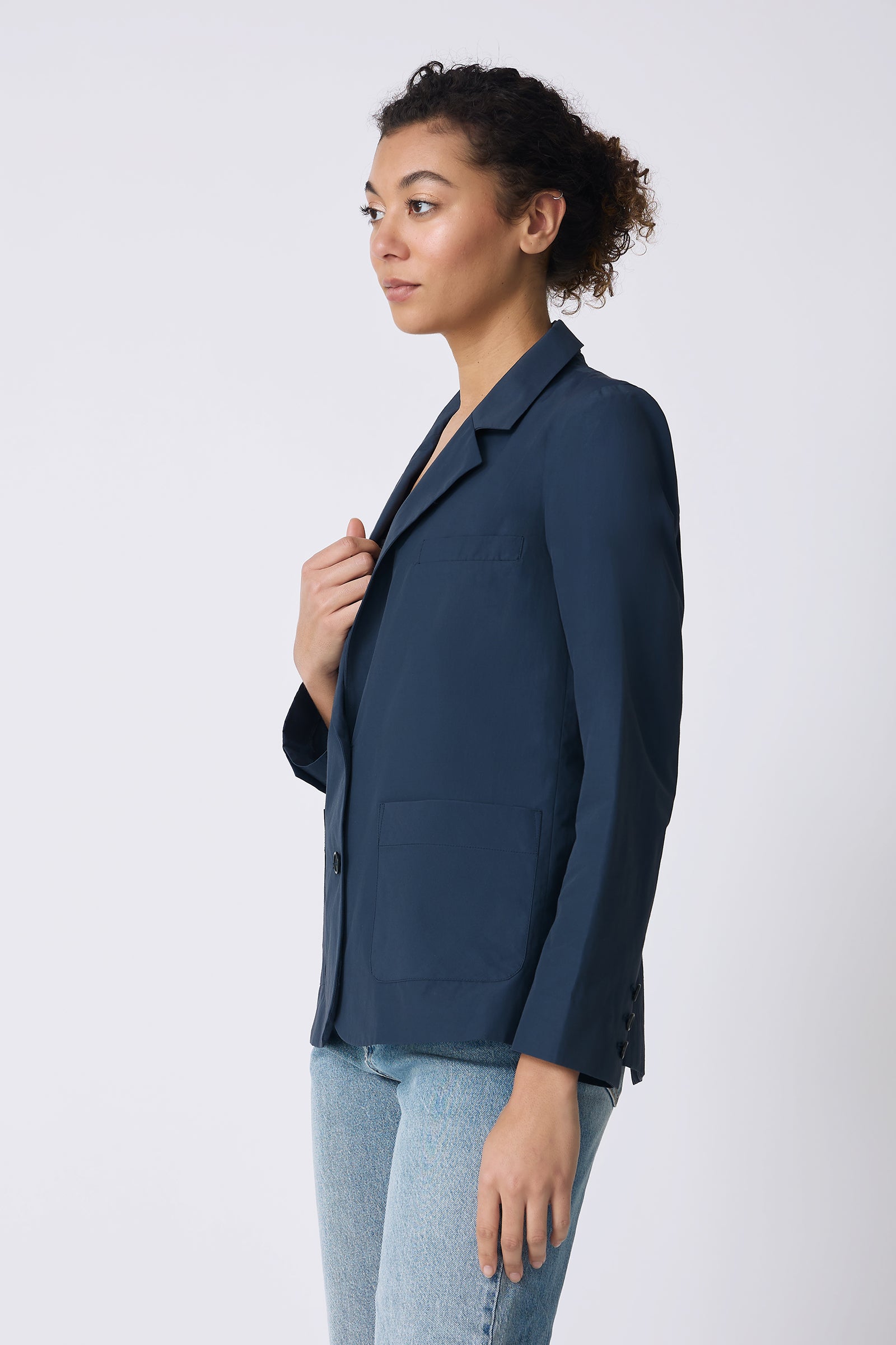 Kal Rieman Castel Patch Pocket Blazer in Summer Navy on model side view