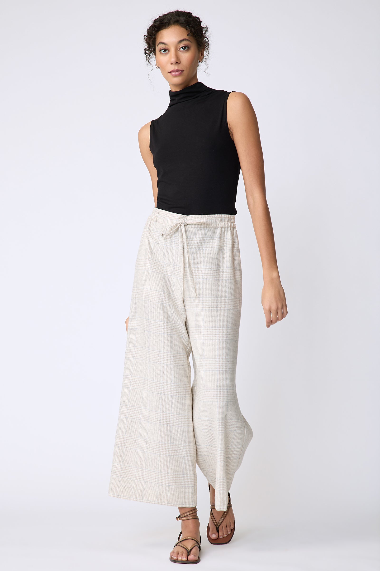 Kal Rieman Celeste Pant in Summer Plaid Suiting on model front view walking