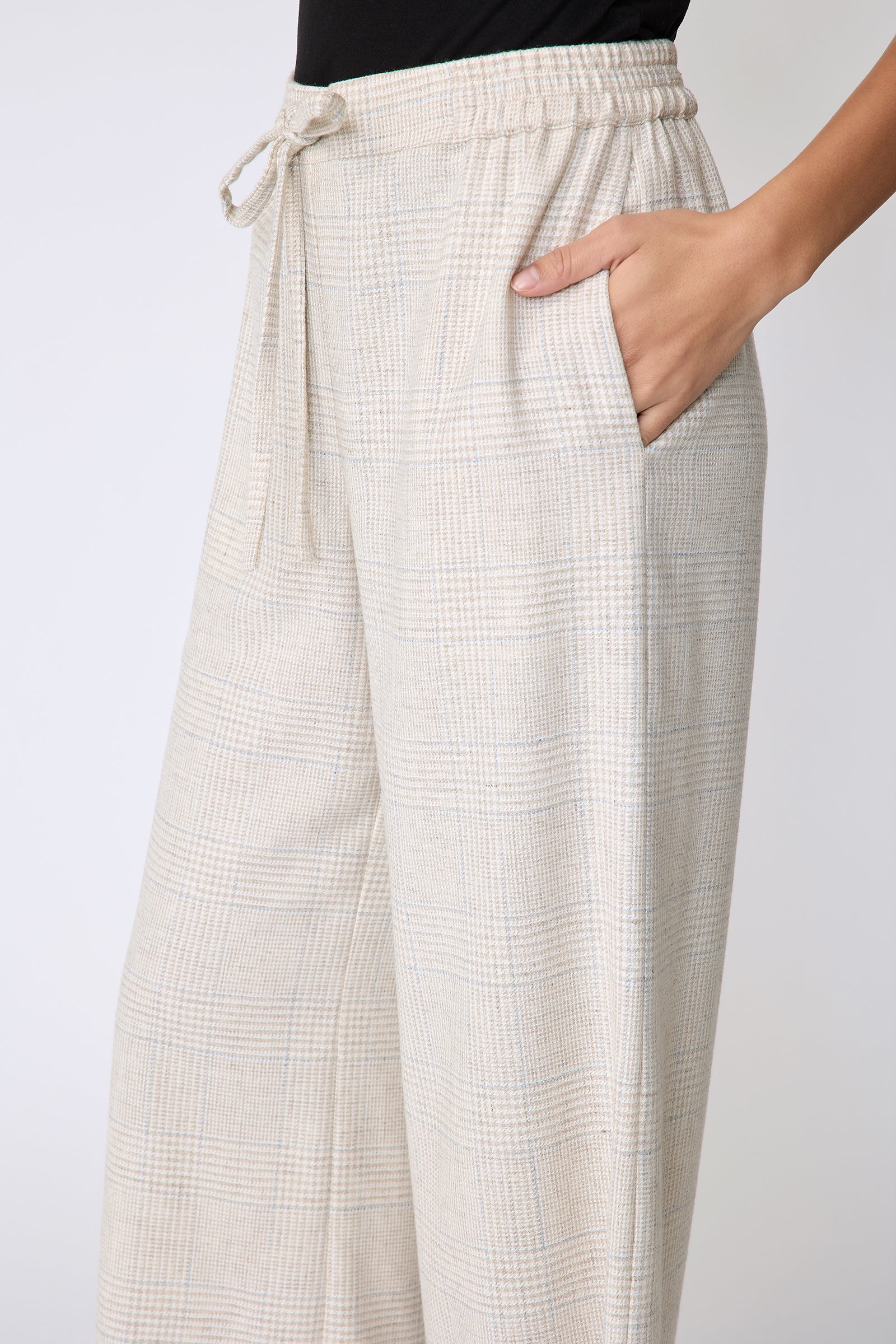 Kal Rieman Celeste Pant in Summer Plaid Suiting on model side view detail