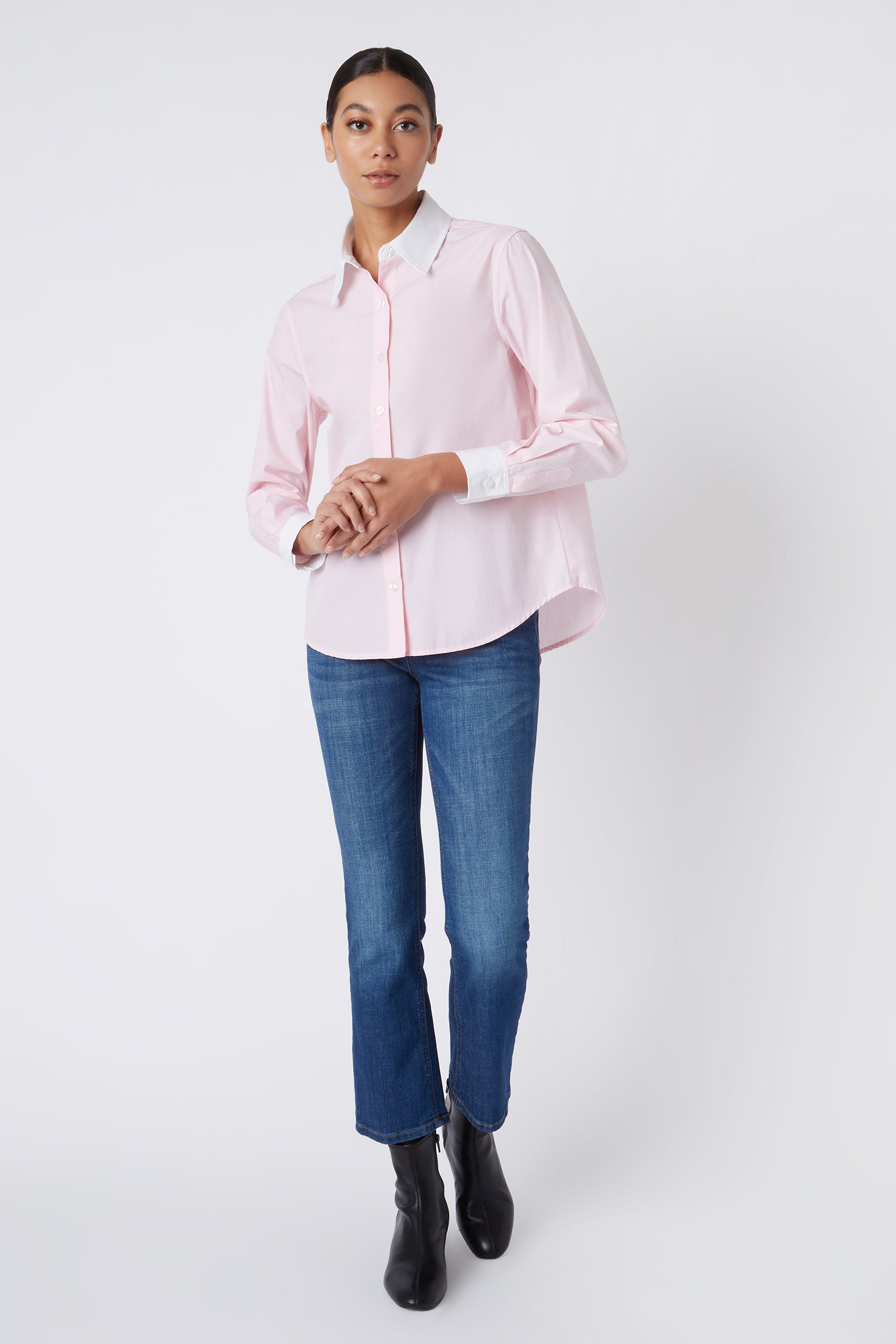 Kal Rieman Classic Tailored Shirt in Pink with White on Model Main Full Front View