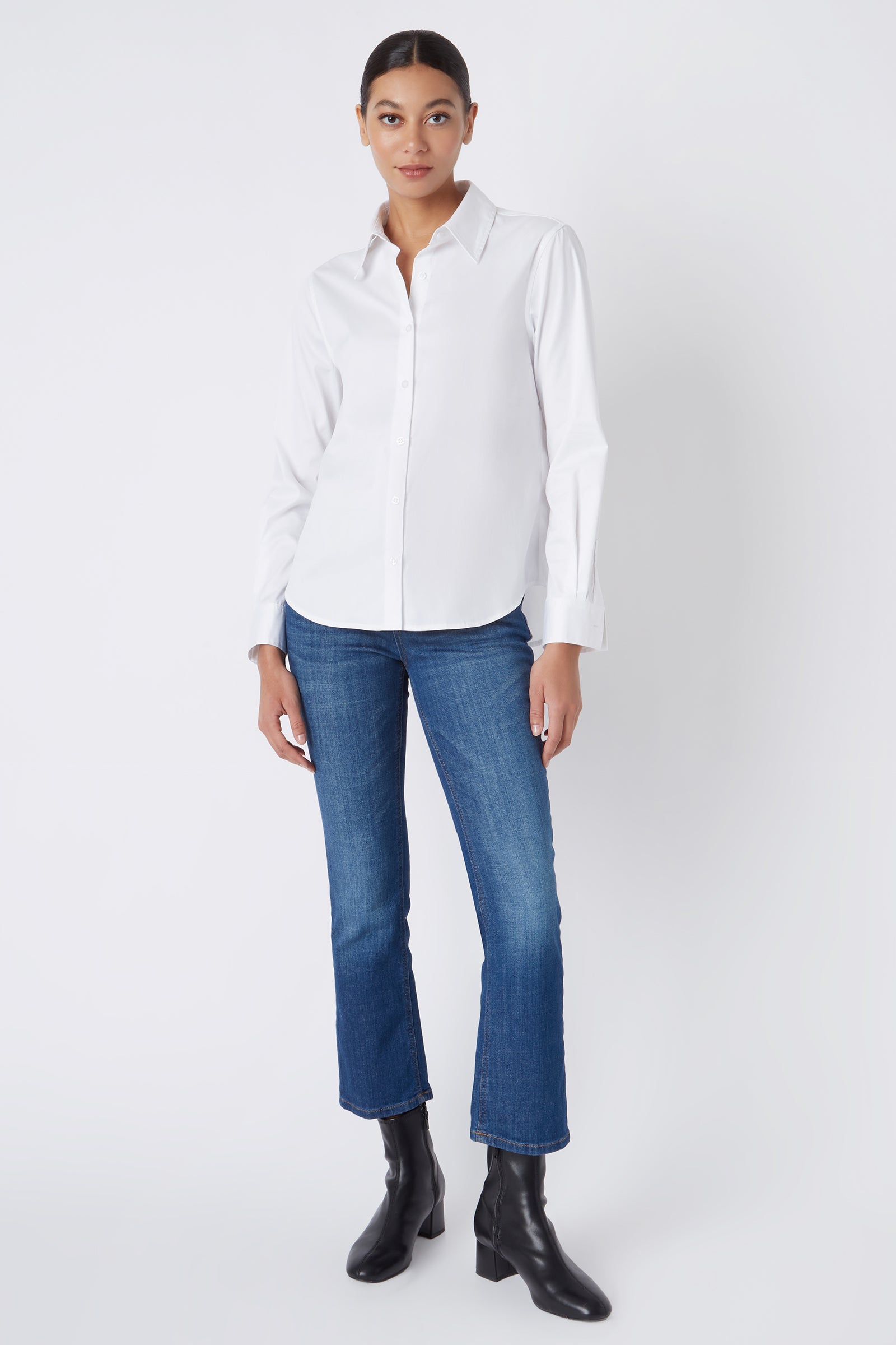 Kal Rieman Classic Tailored Shirt in White Pinpoint Oxford on Model Full Front View