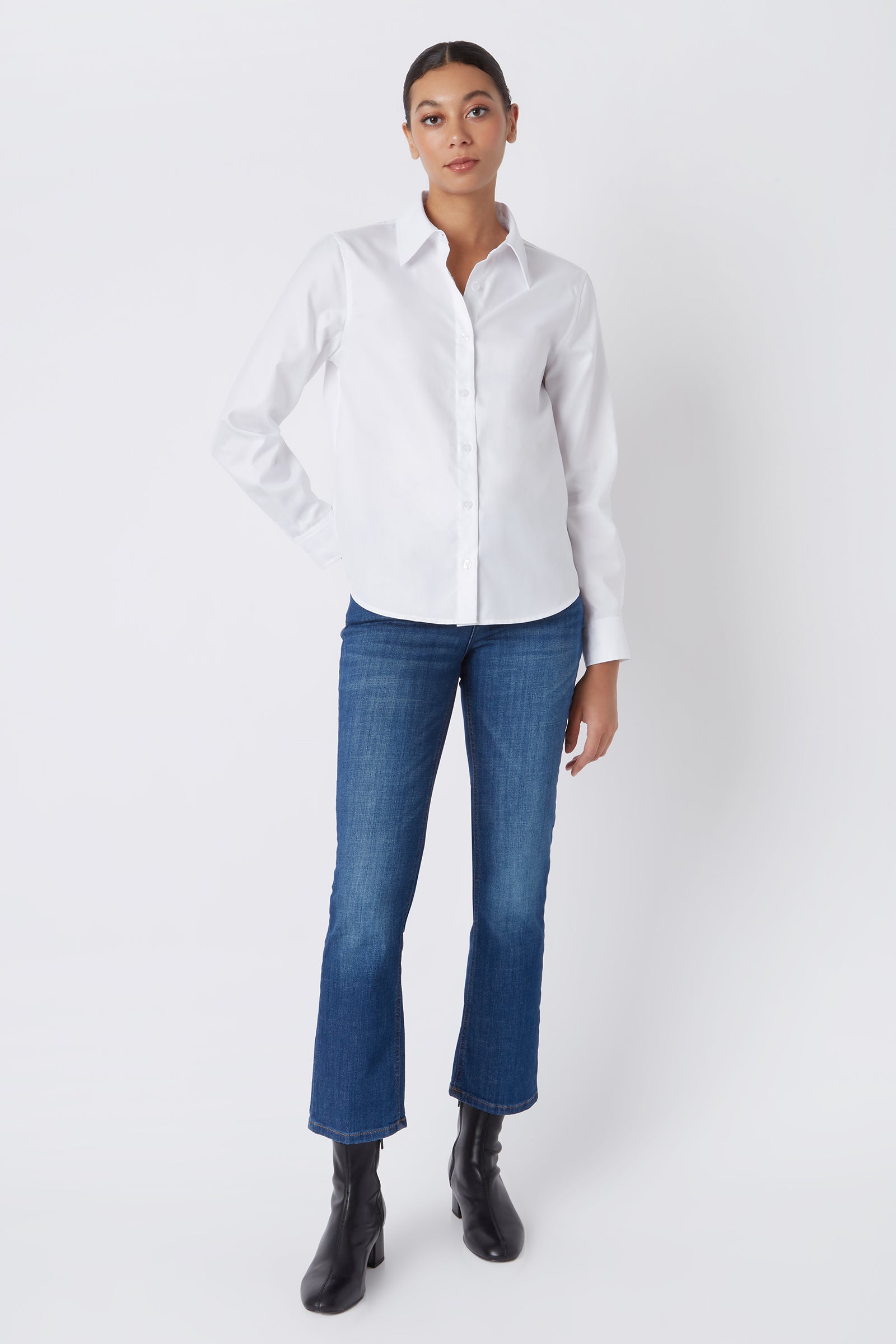 Kal Rieman Classic Tailored Shirt in White Stretch on Model Full Front View