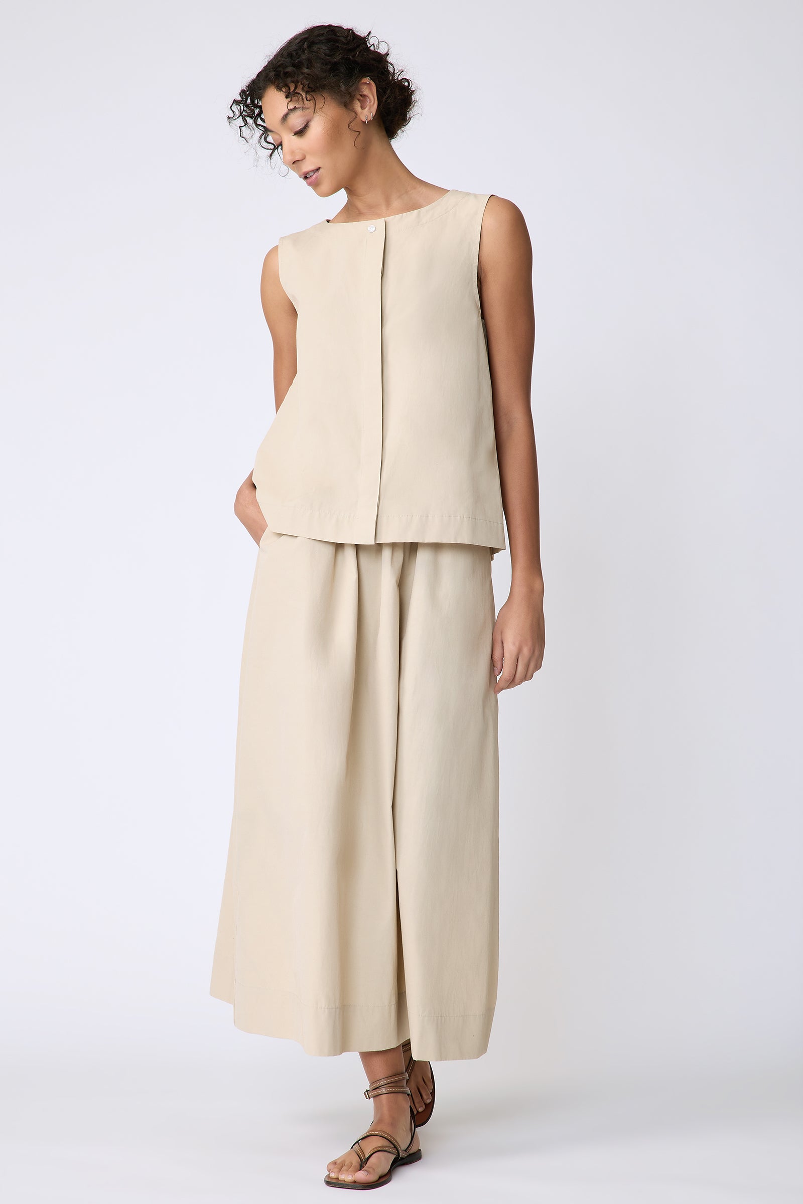 Kal Rieman Colette Shell in Italian Broadcloth sand on model front view full look hand in pocket