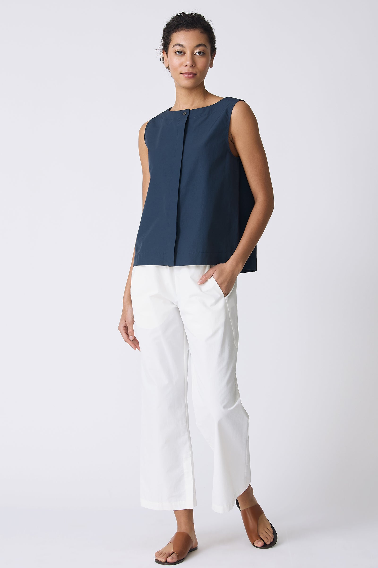 Kal Rieman Colette Shell in Summer Navy on model with hand in pocket full front view