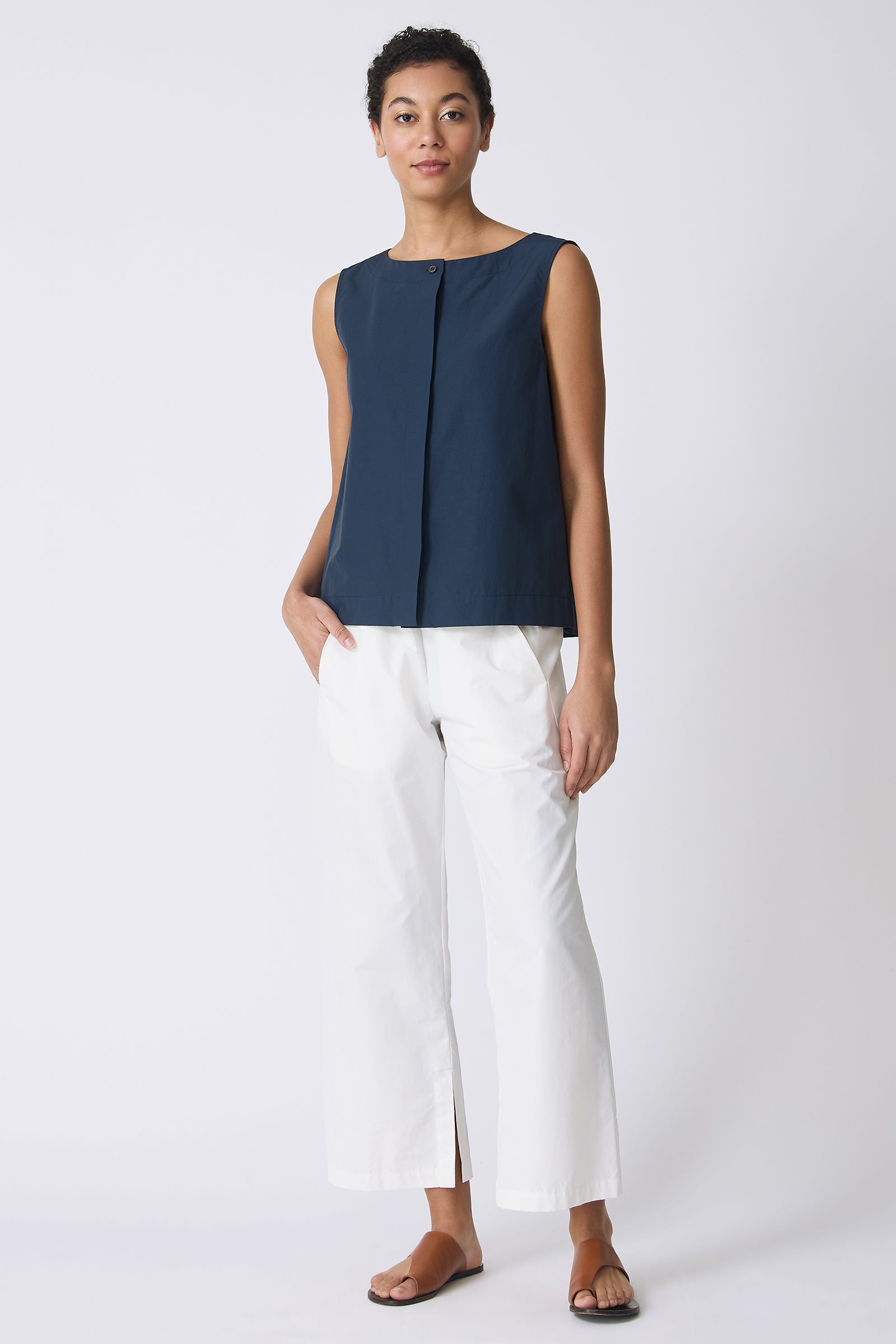 Kal Rieman Colette Shell in Summer Navy on model with right hand in pocket full front view