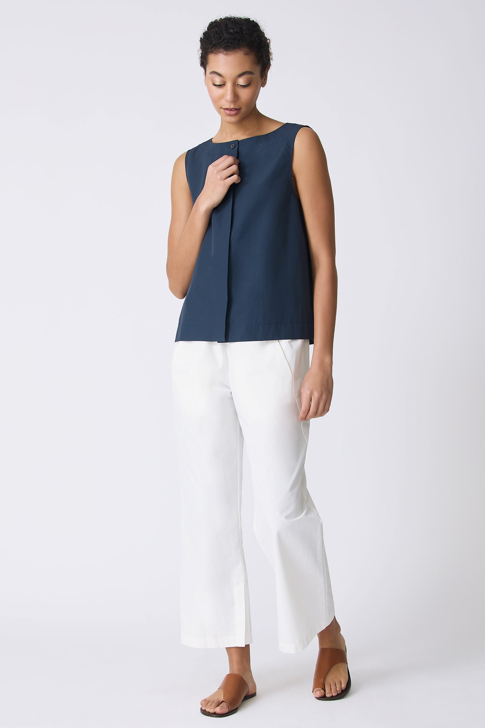 Kal Rieman Colette Shell in Summer Navy on model looking down full front view